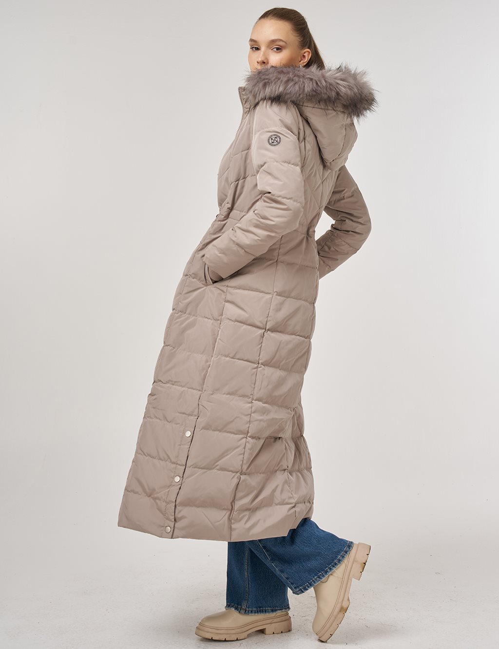 Snap-Button Goose Down Padded Coat Stone