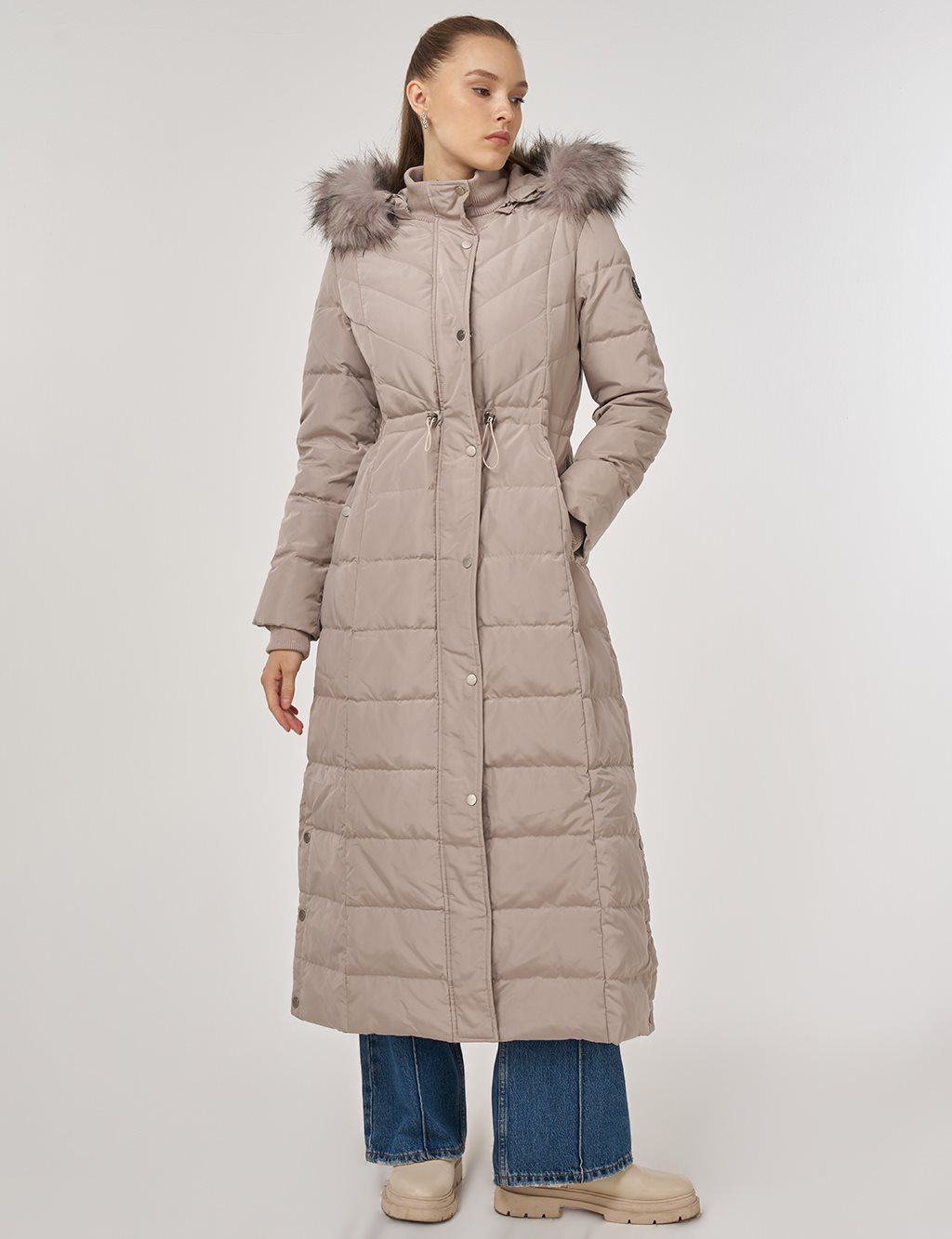 Snap-Button Goose Down Padded Coat Stone