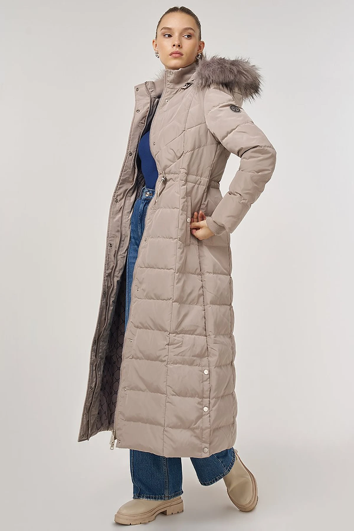 Snap-Button Goose Down Padded Coat Stone