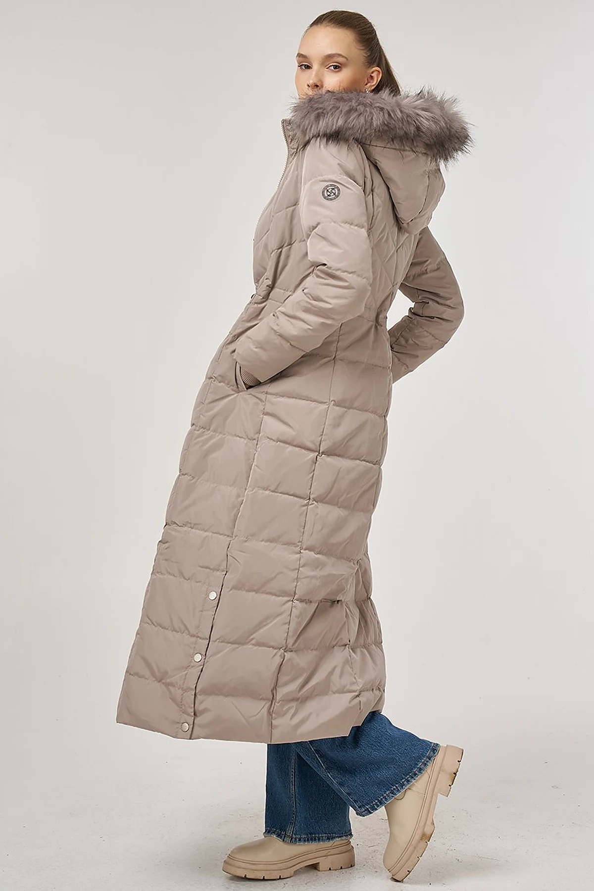 Snap-Button Goose Down Padded Coat Stone