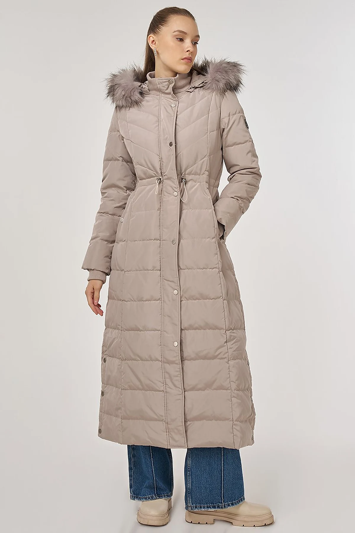 Snap-Button Goose Down Padded Coat Stone