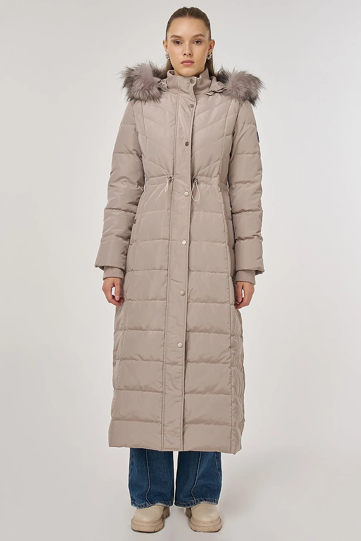 Snap-Button Goose Down Padded Coat Stone