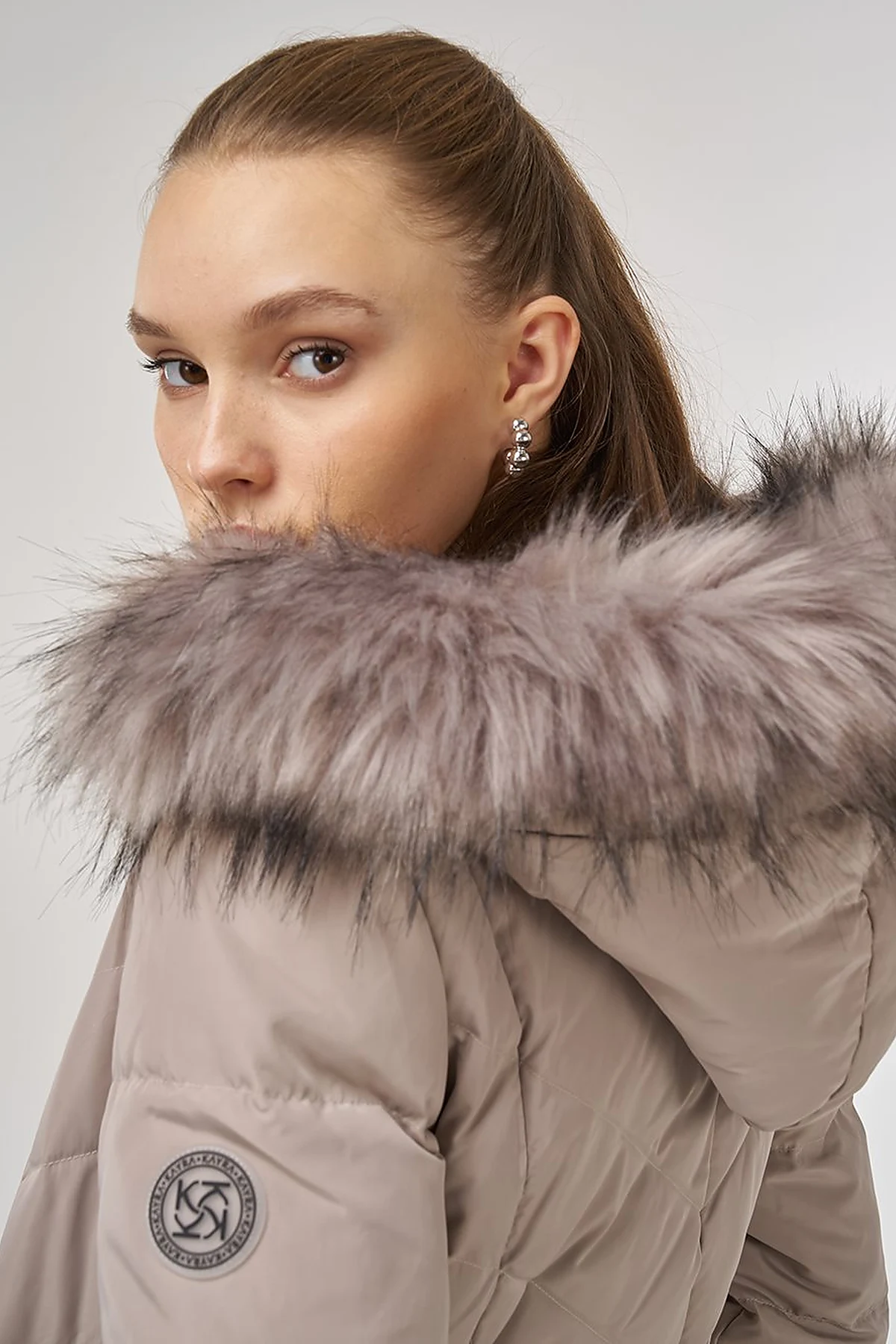 Snap-Button Goose Down Padded Coat Stone