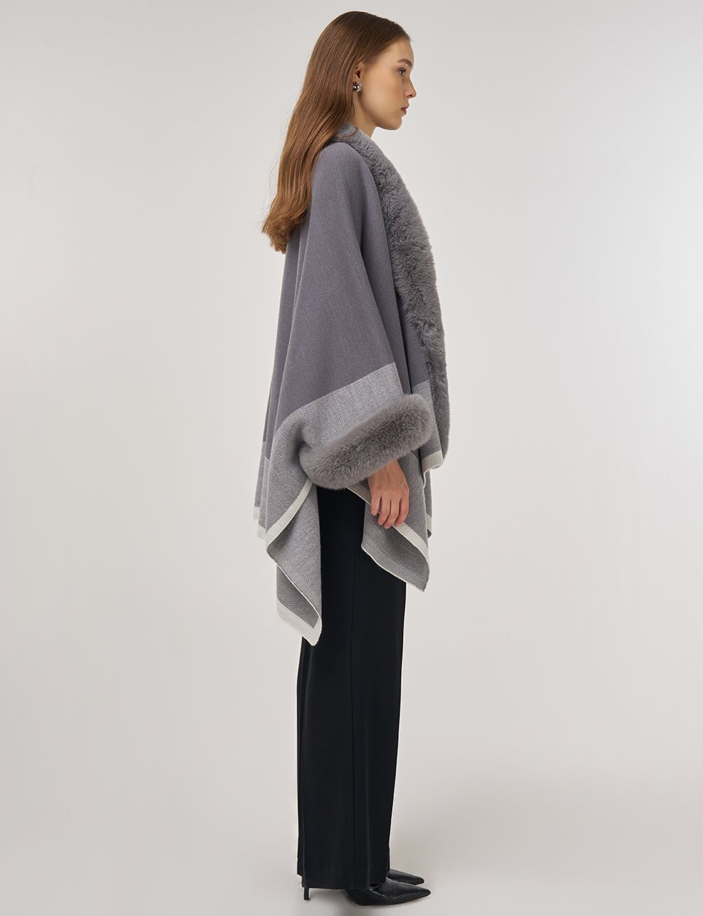 Faux Fur Detailed Poncho Gray 