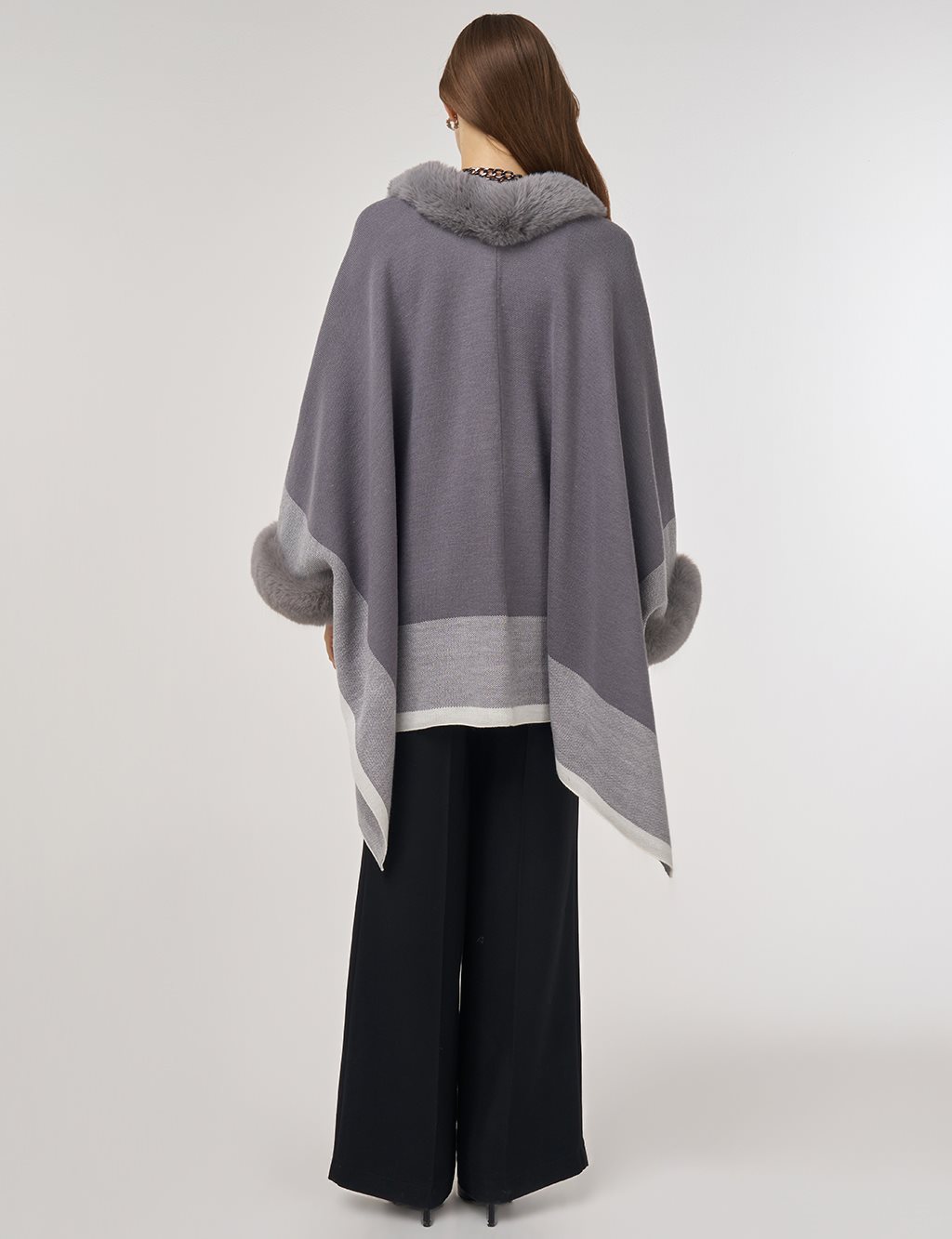 Faux Fur Detailed Poncho Gray 