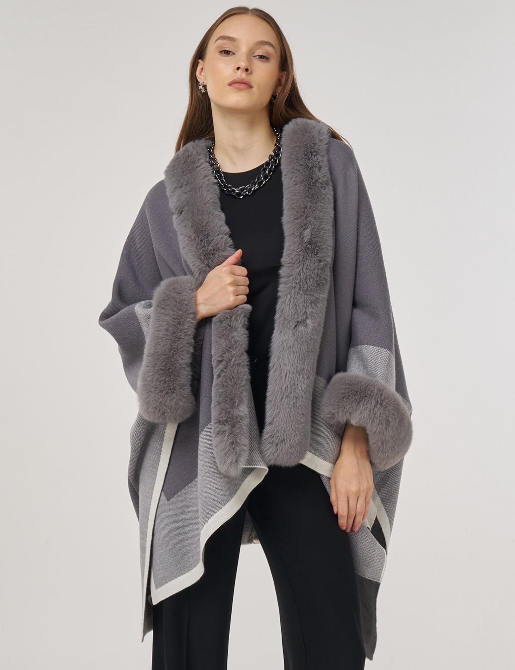 Faux Fur Detailed Poncho Gray 