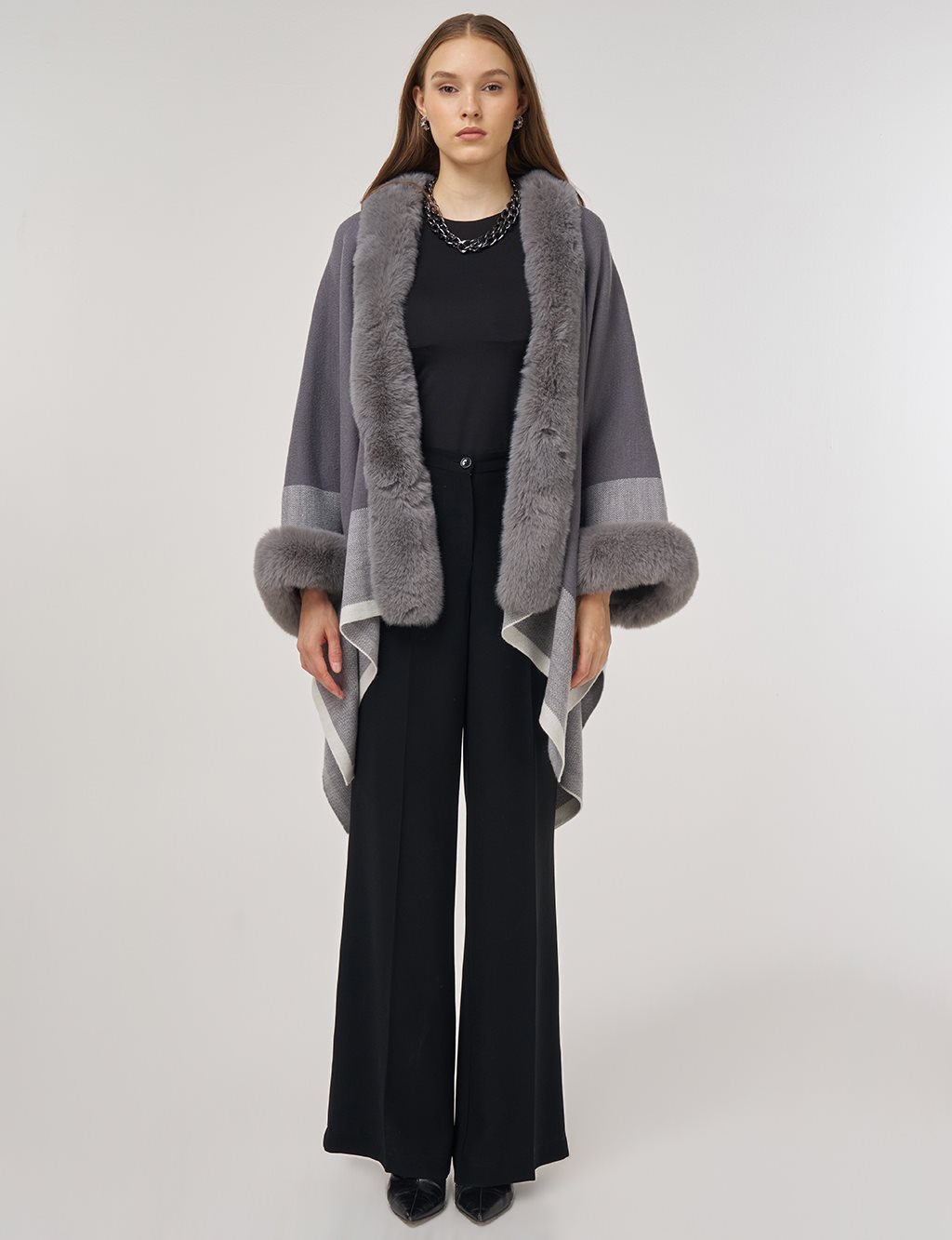 Faux Fur Detailed Poncho Gray 