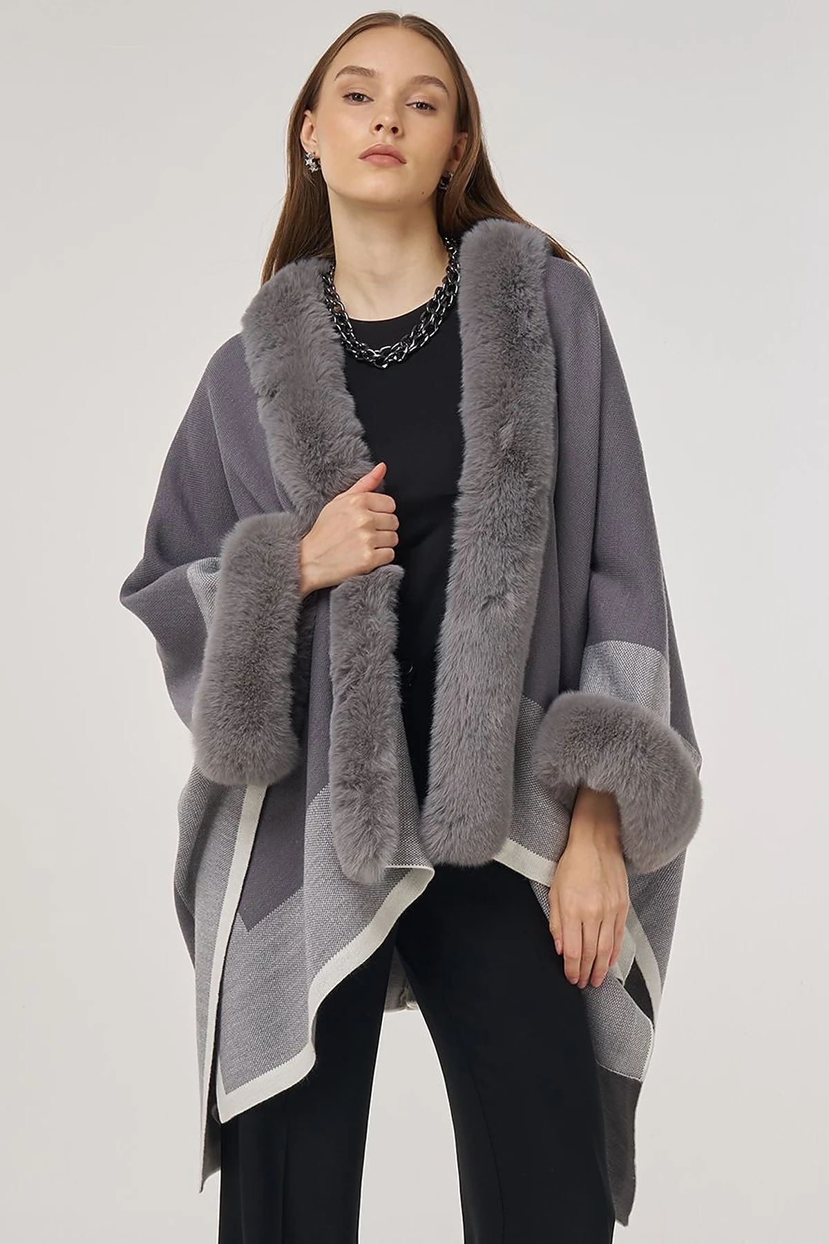 Faux Fur Detailed Poncho Gray 