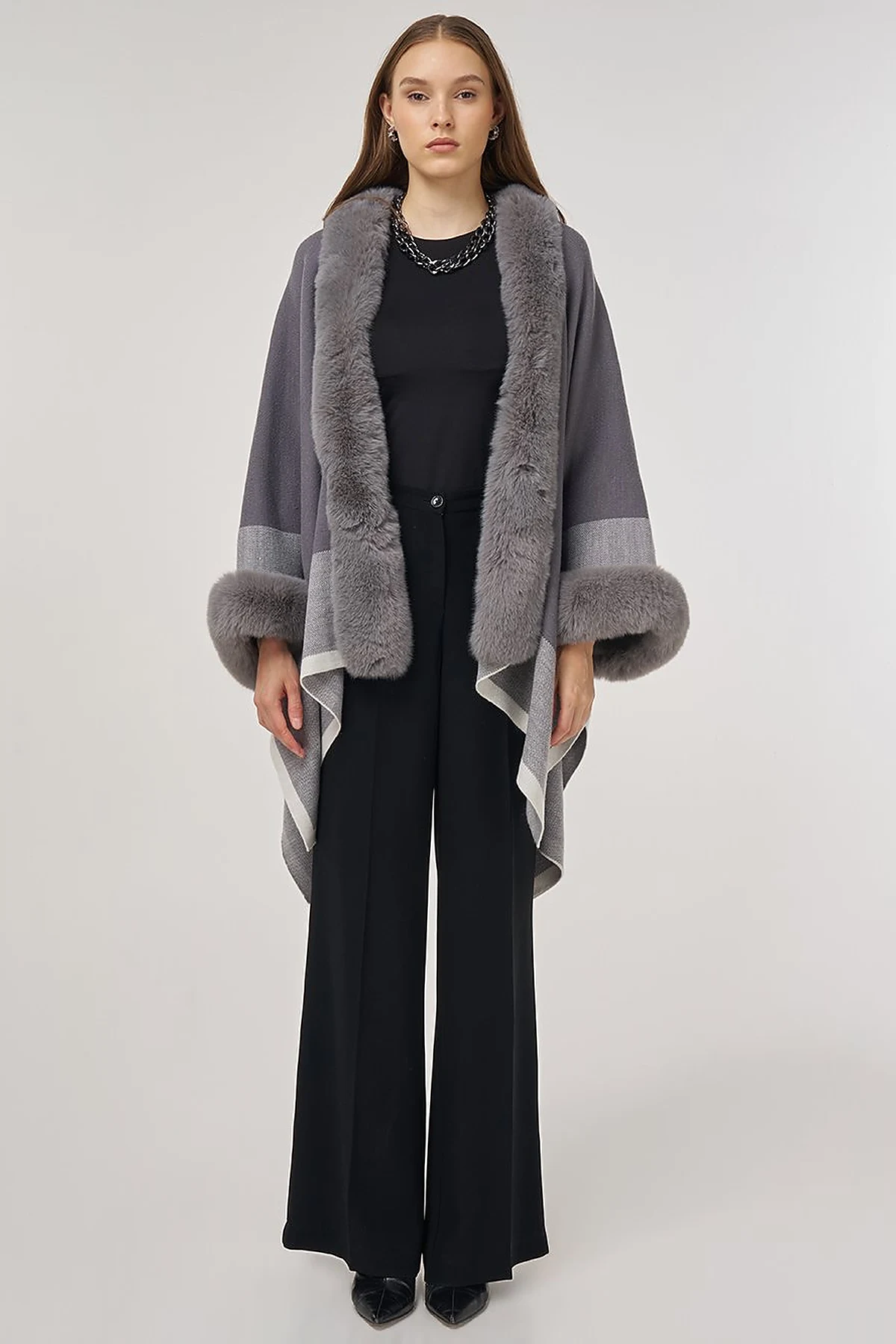 Faux Fur Detailed Poncho Gray 