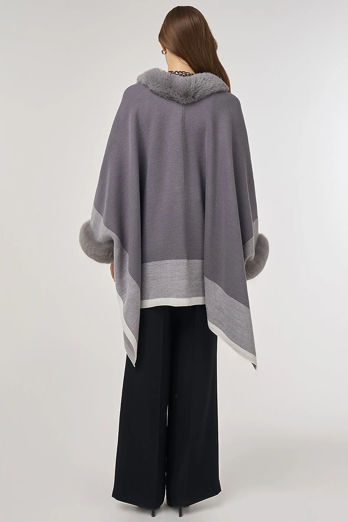 Faux Fur Detailed Poncho Gray 