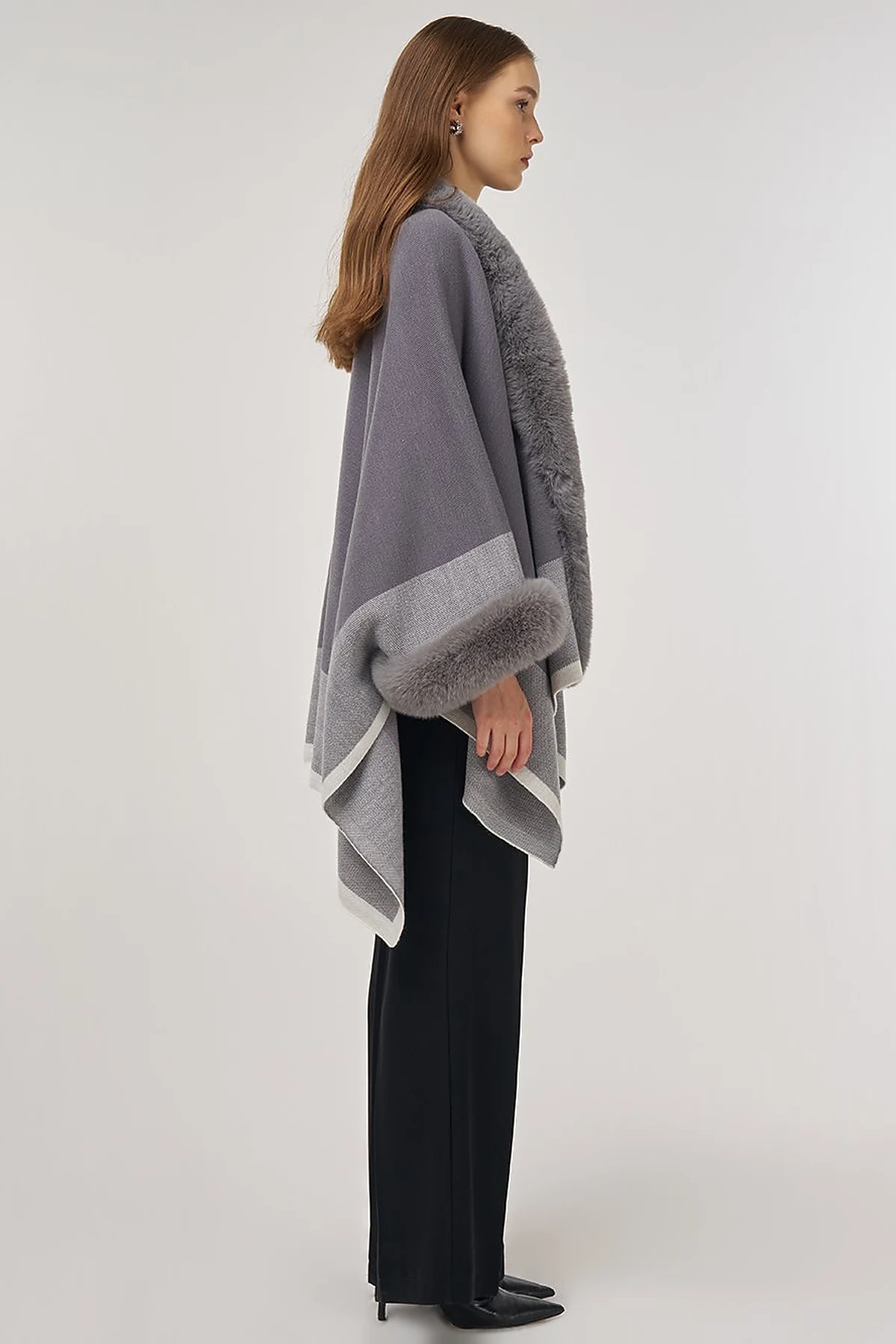 Faux Fur Detailed Poncho Gray 