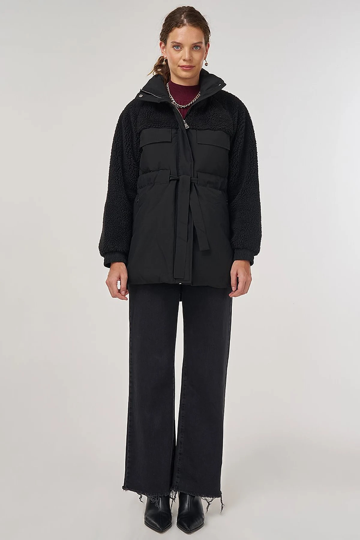 Pocket-Detail Plush Coat Black