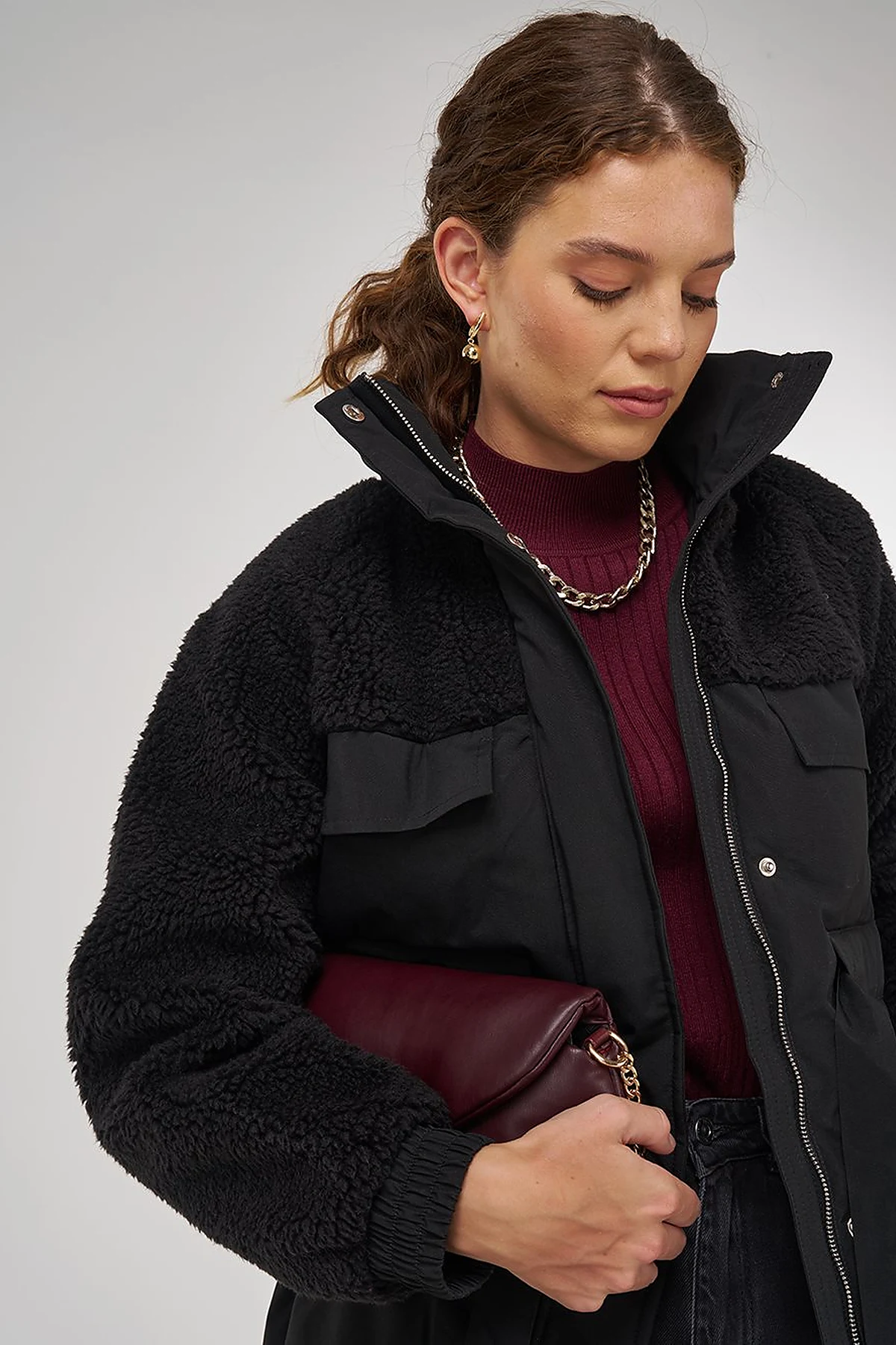 Pocket-Detail Plush Coat Black