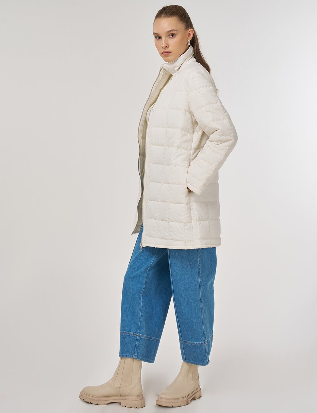 Rib-Stitched Short Anorak Jacket Ecru