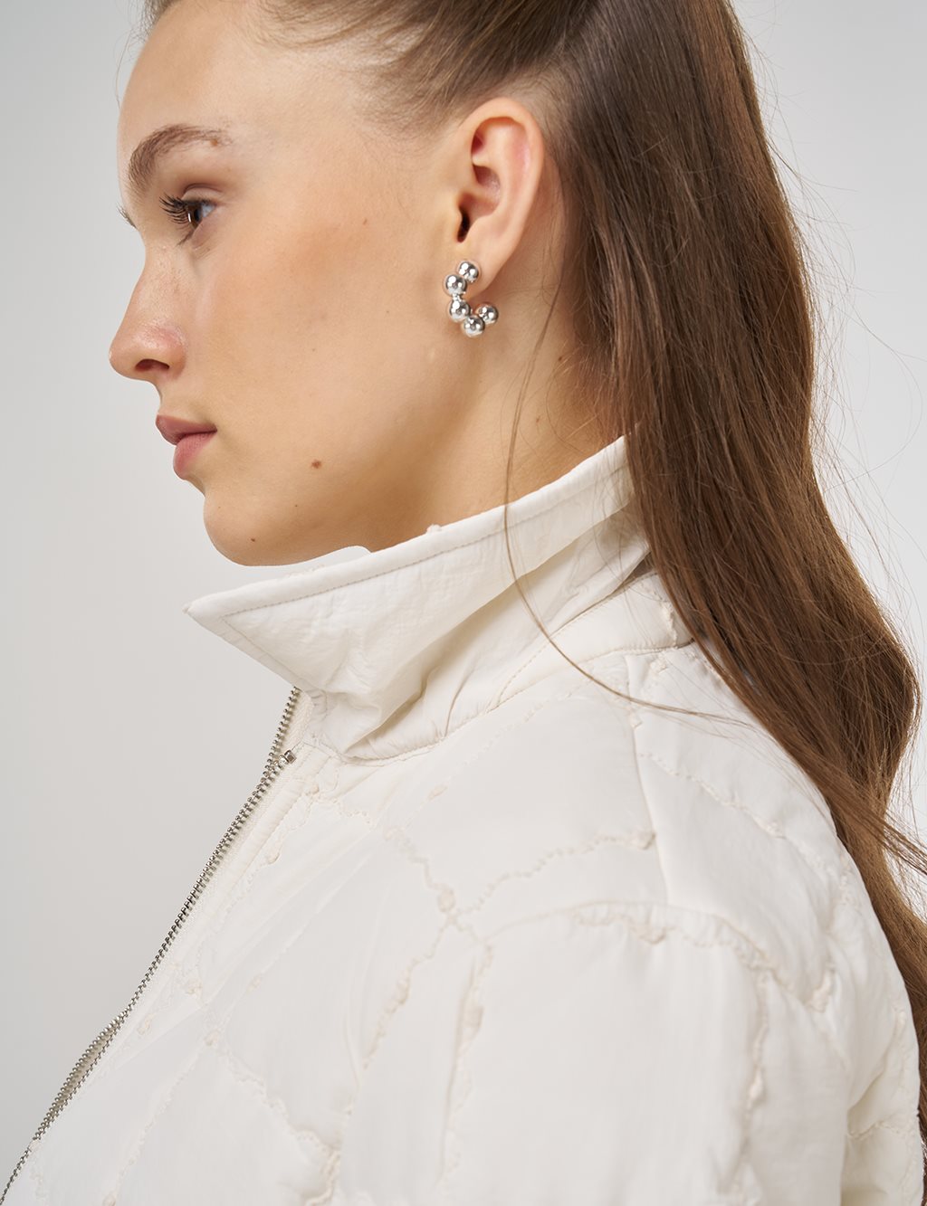 Rib-Stitched Short Anorak Jacket Ecru