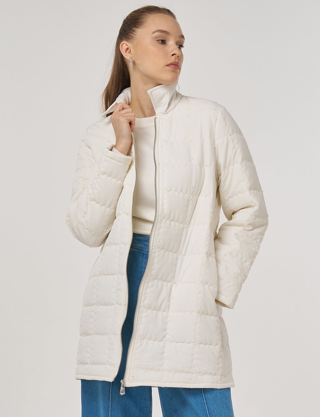 Rib-Stitched Short Anorak Jacket Ecru