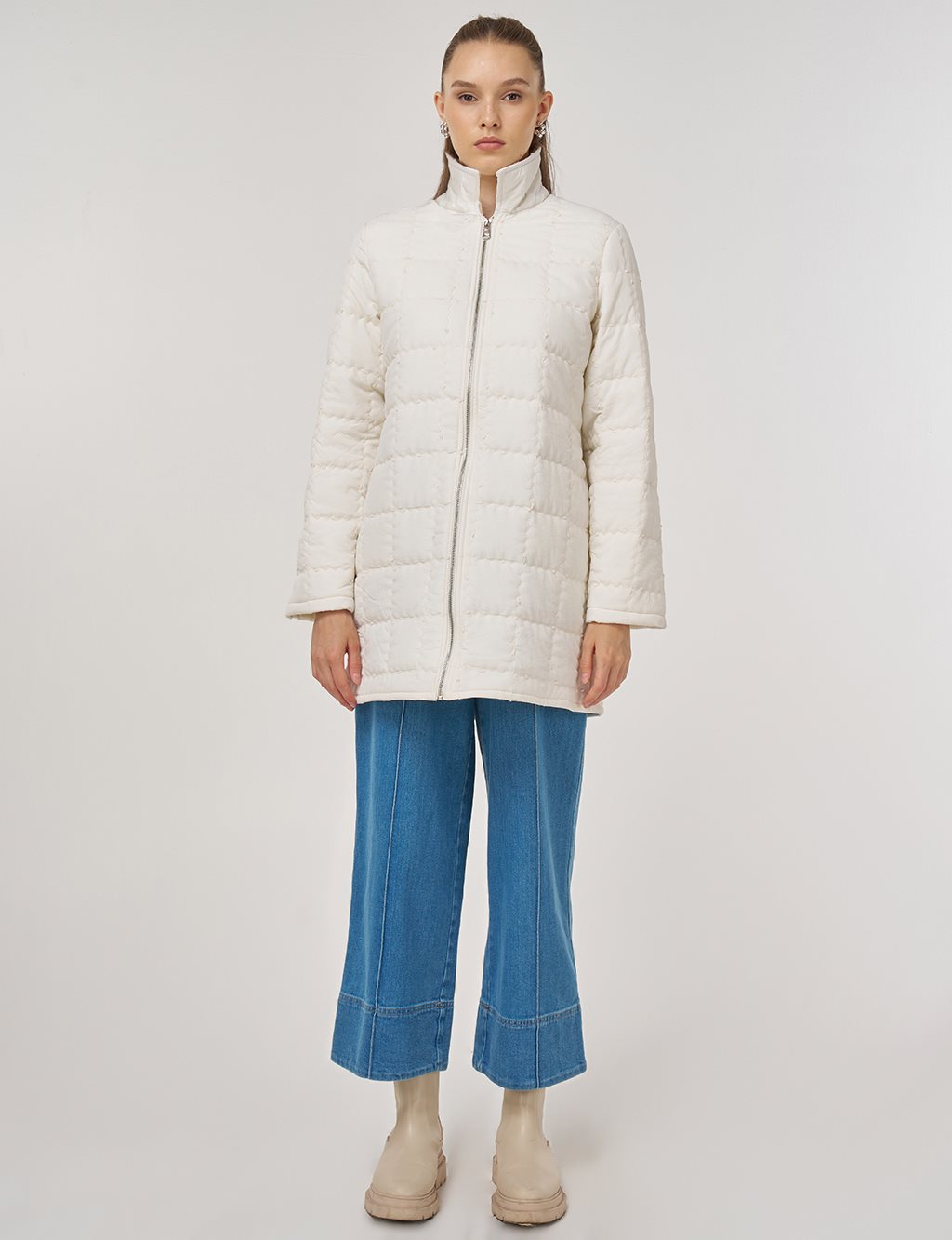 Rib-Stitched Short Anorak Jacket Ecru