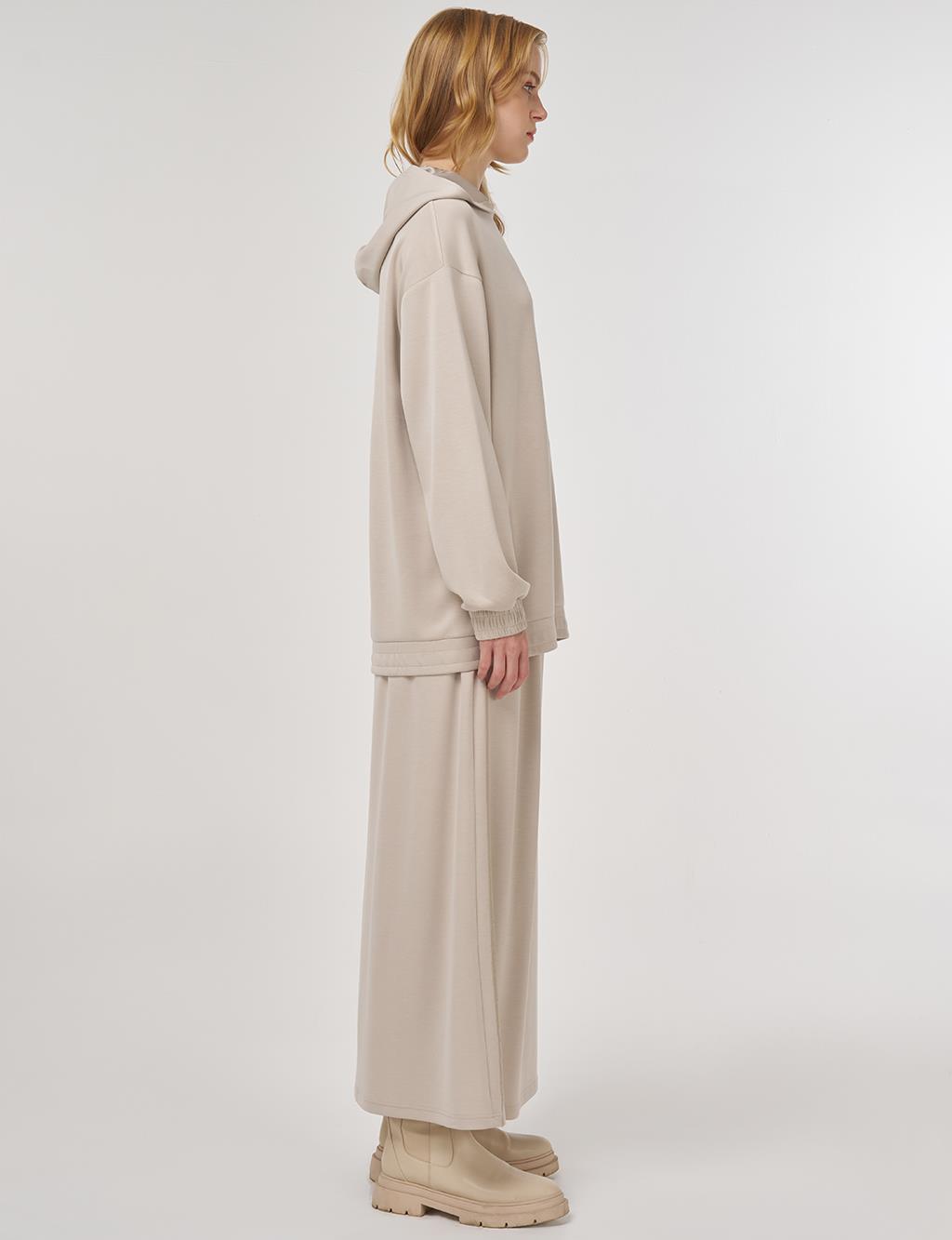 Hooded Skirted Two-Piece Suit in Beige