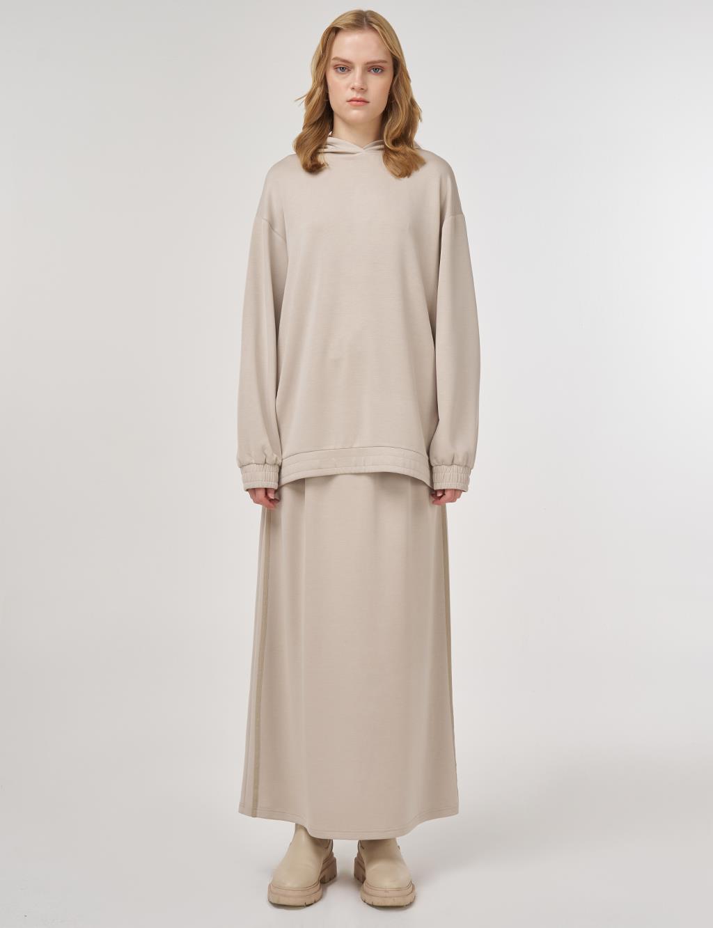 Hooded Skirted Two-Piece Suit in Beige