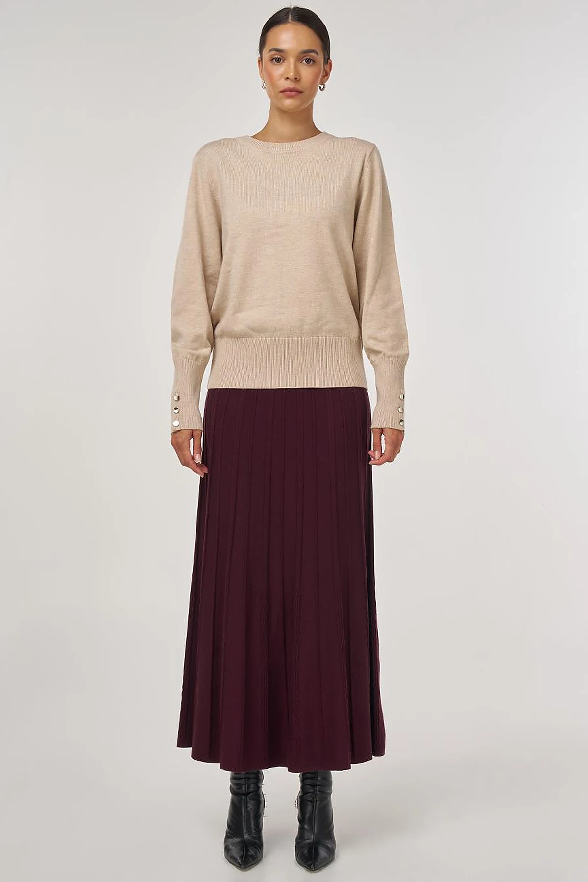 Button-Detail Wool Knit Sweater Beige