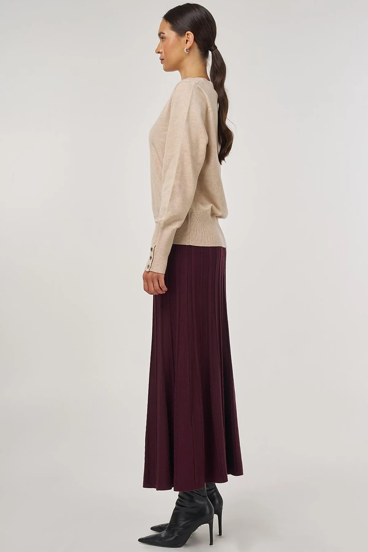 Button-Detail Wool Knit Sweater Beige