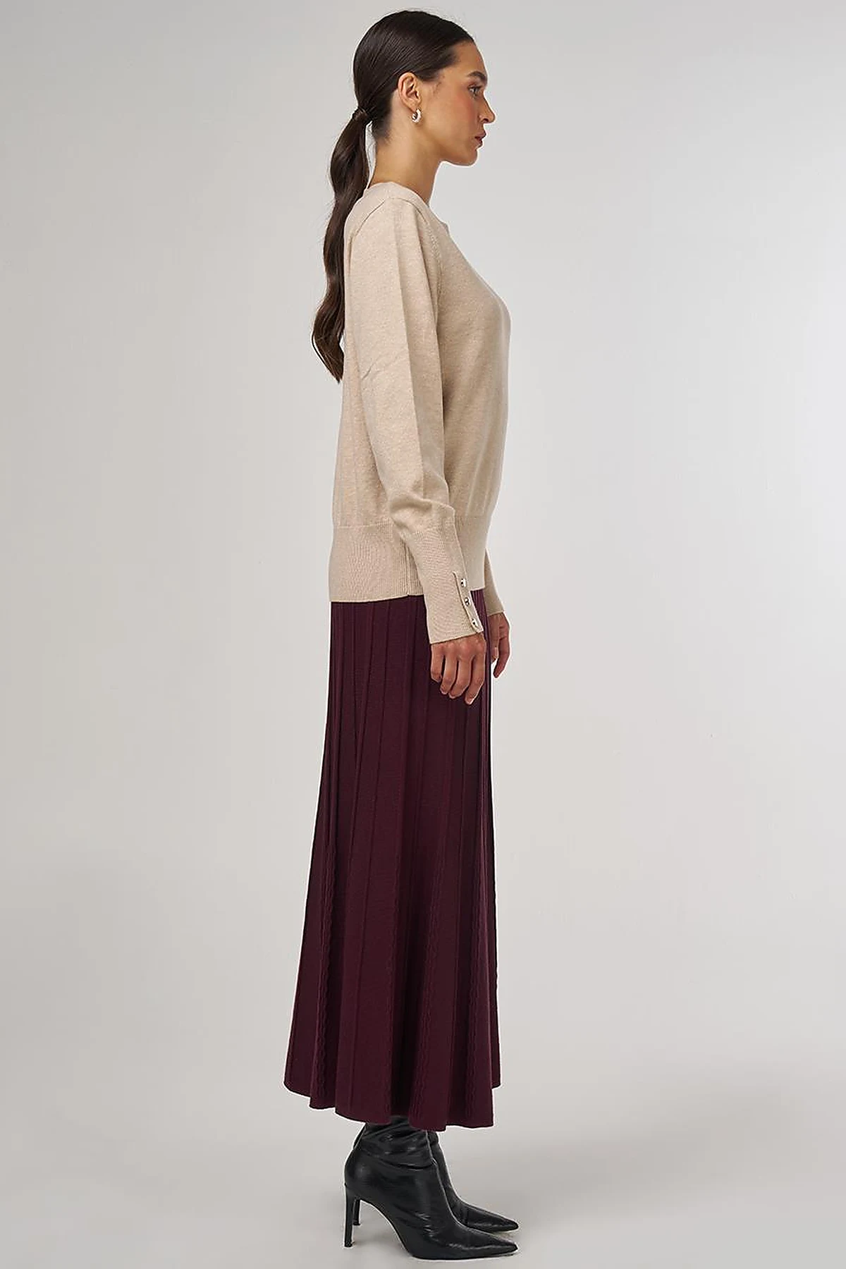 Button-Detail Wool Knit Sweater Beige