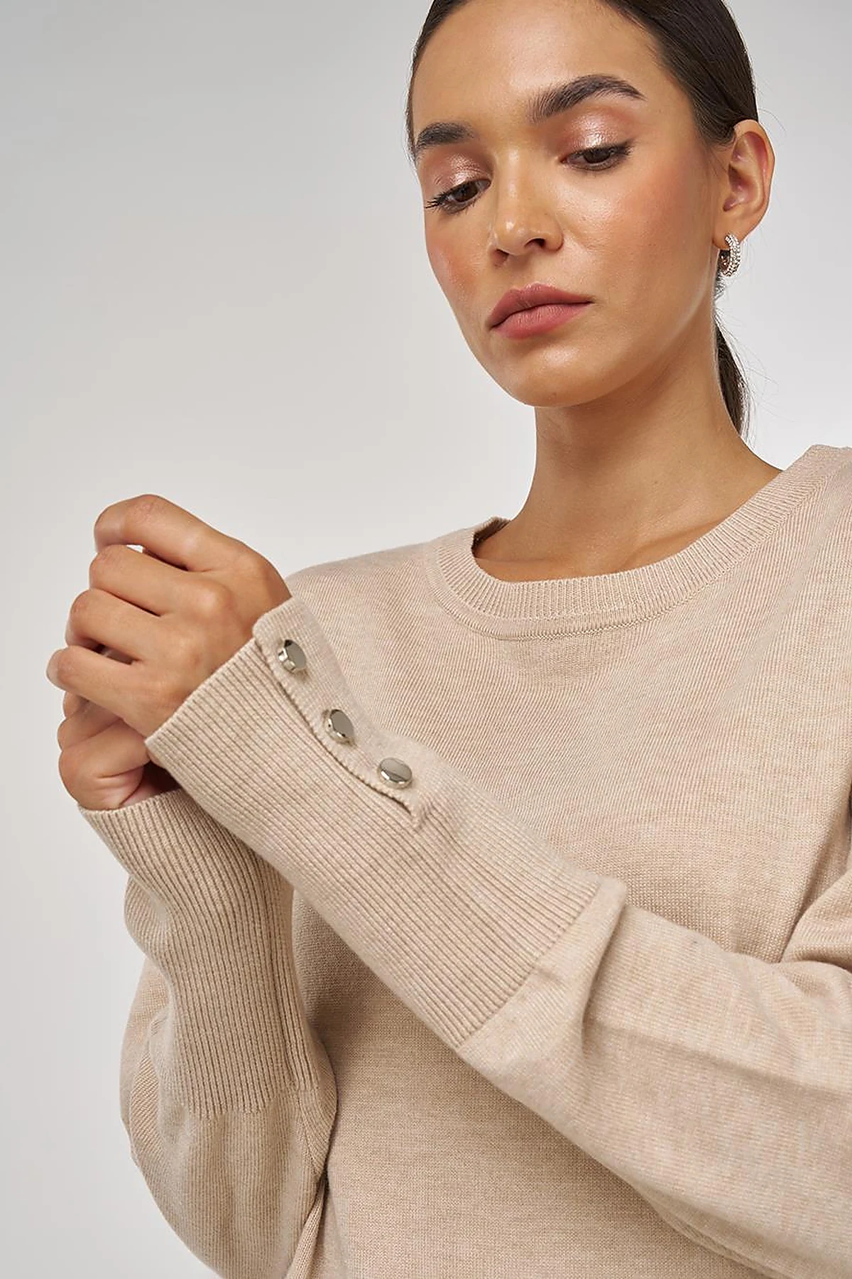 Button-Detail Wool Knit Sweater Beige