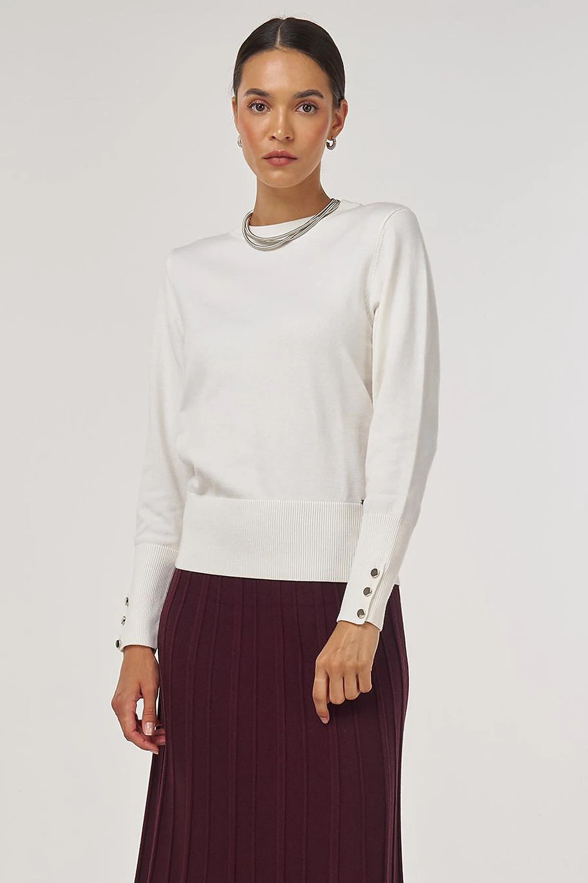 Button-Detail Wool Knit Sweater Ecru