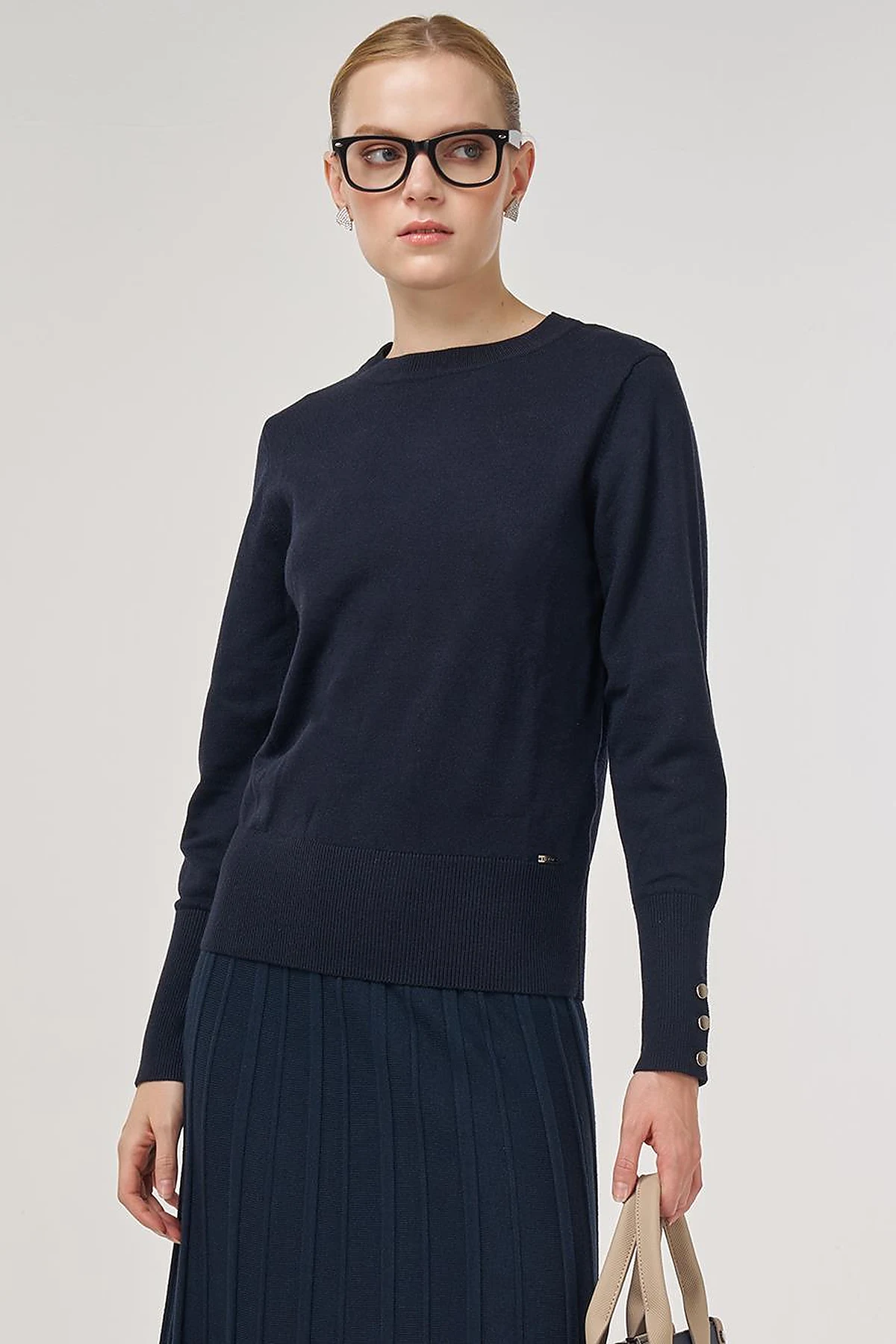 Button-Detail Wool Knit Sweater Navy 
