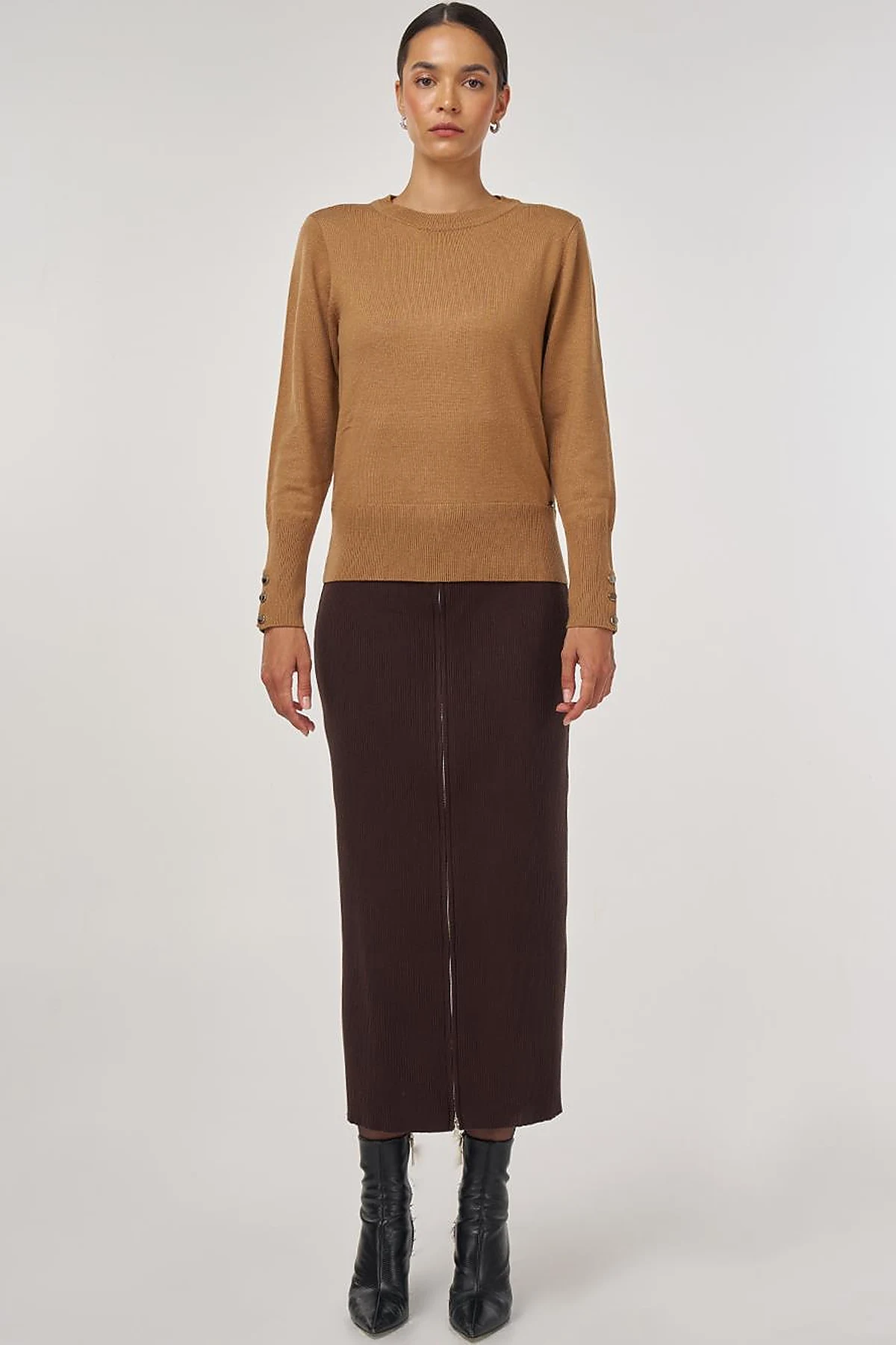 Button-Detail Wool Knit Sweater Stone 