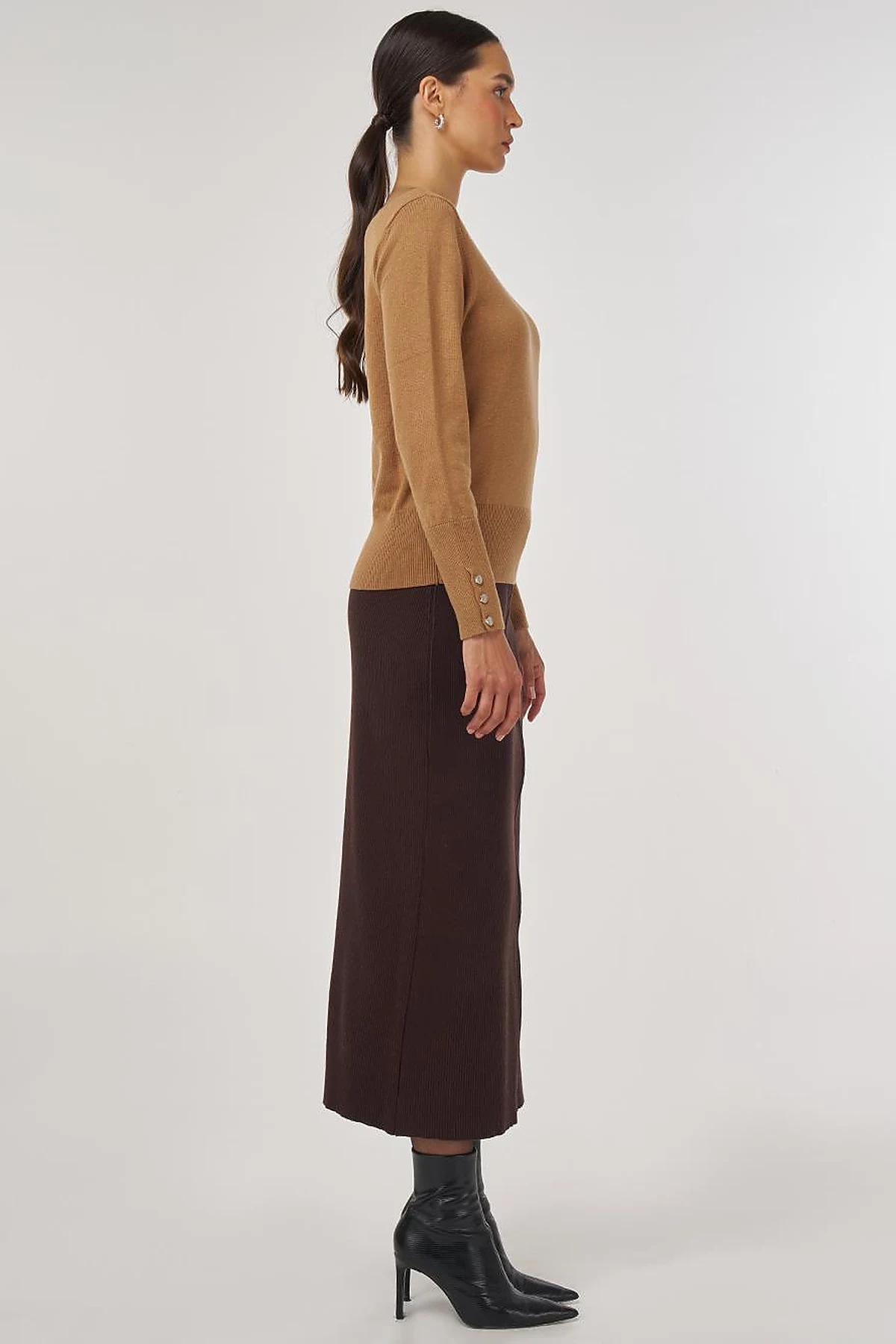 Button-Detail Wool Knit Sweater Stone 