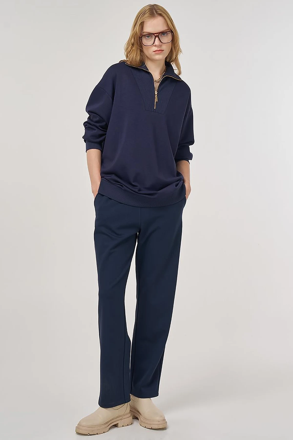 Dropped-Shoulder Viscose Sweatshirt Navy
