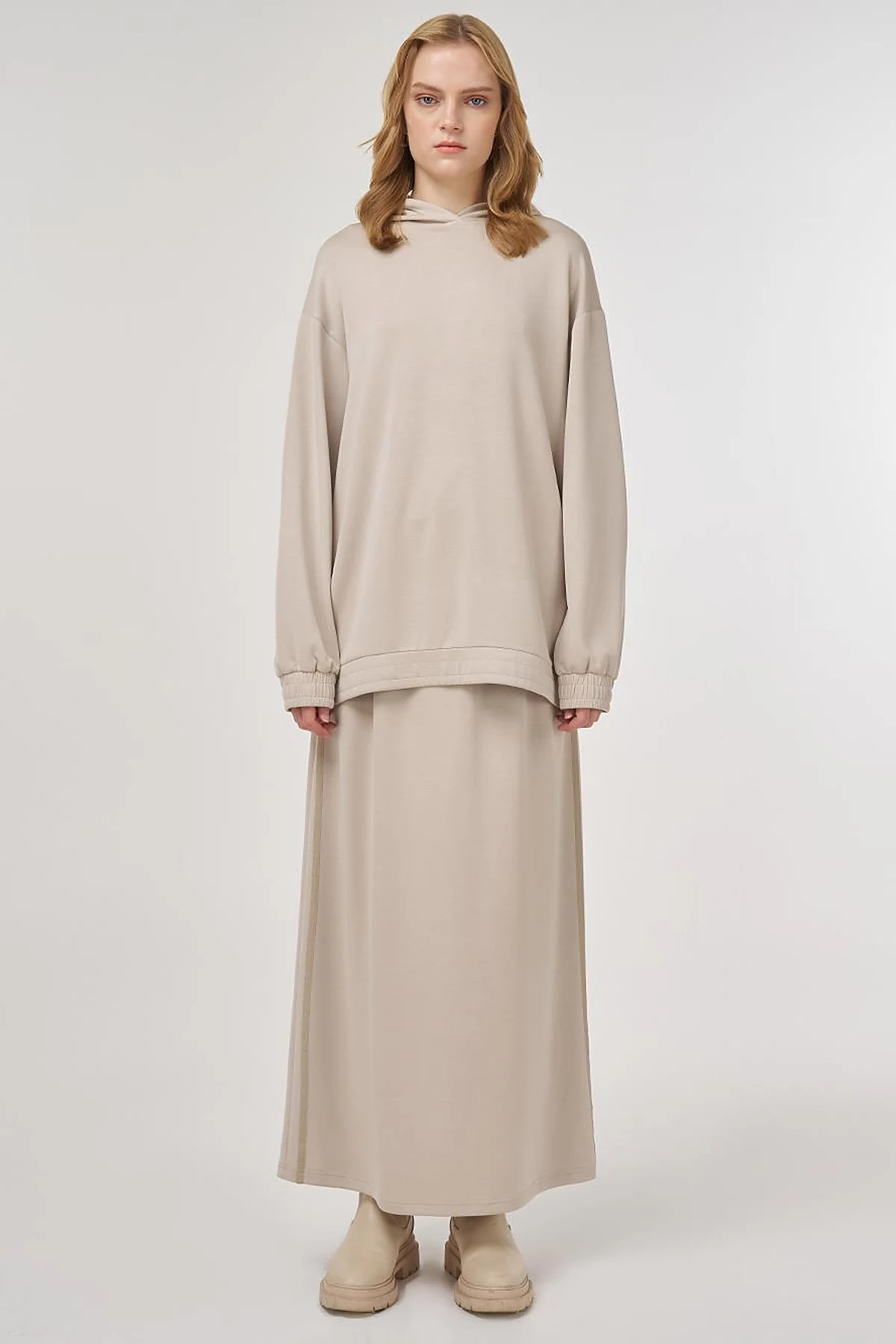 Hooded Skirted Two-Piece Suit in Beige