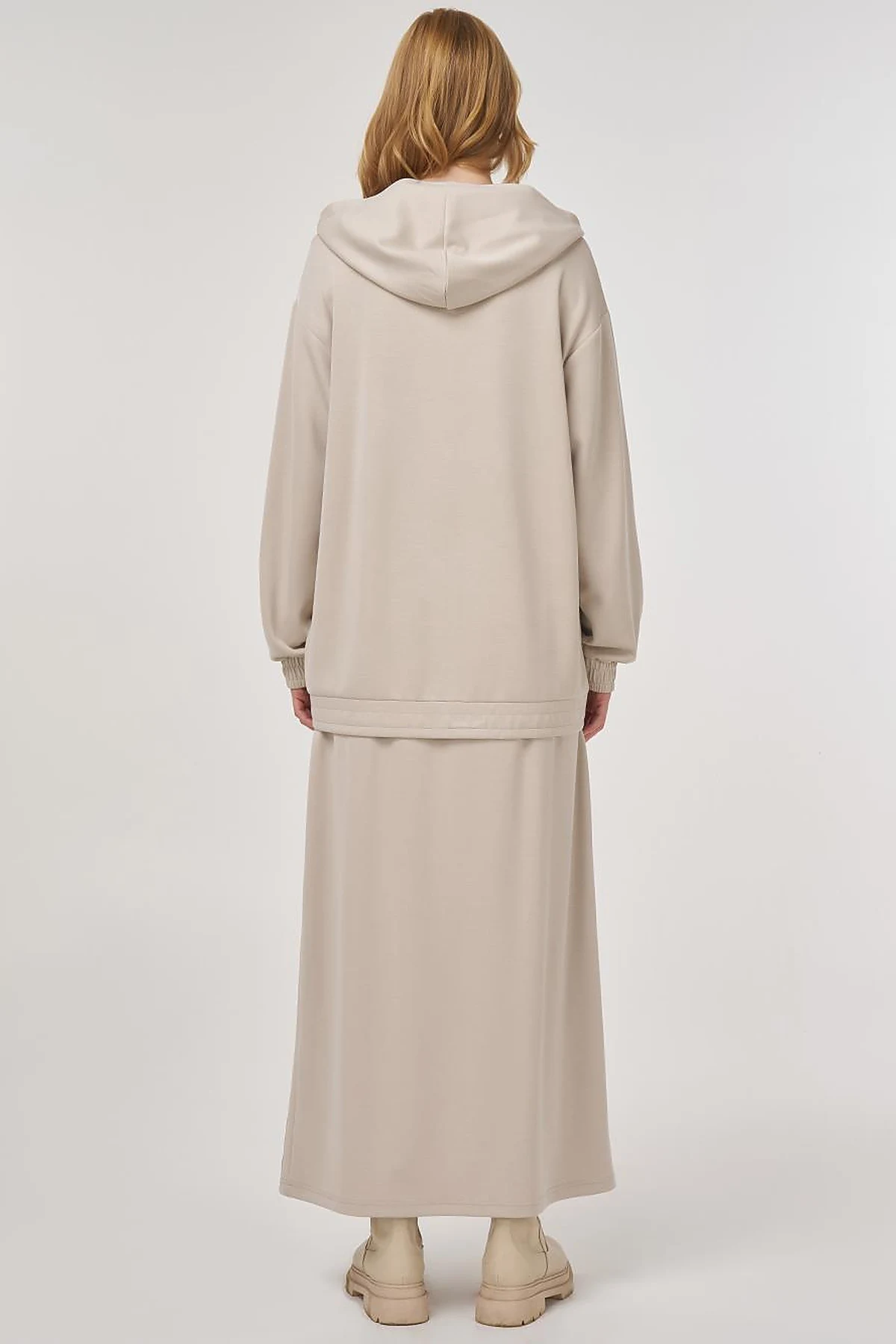 Hooded Skirted Two-Piece Suit in Beige
