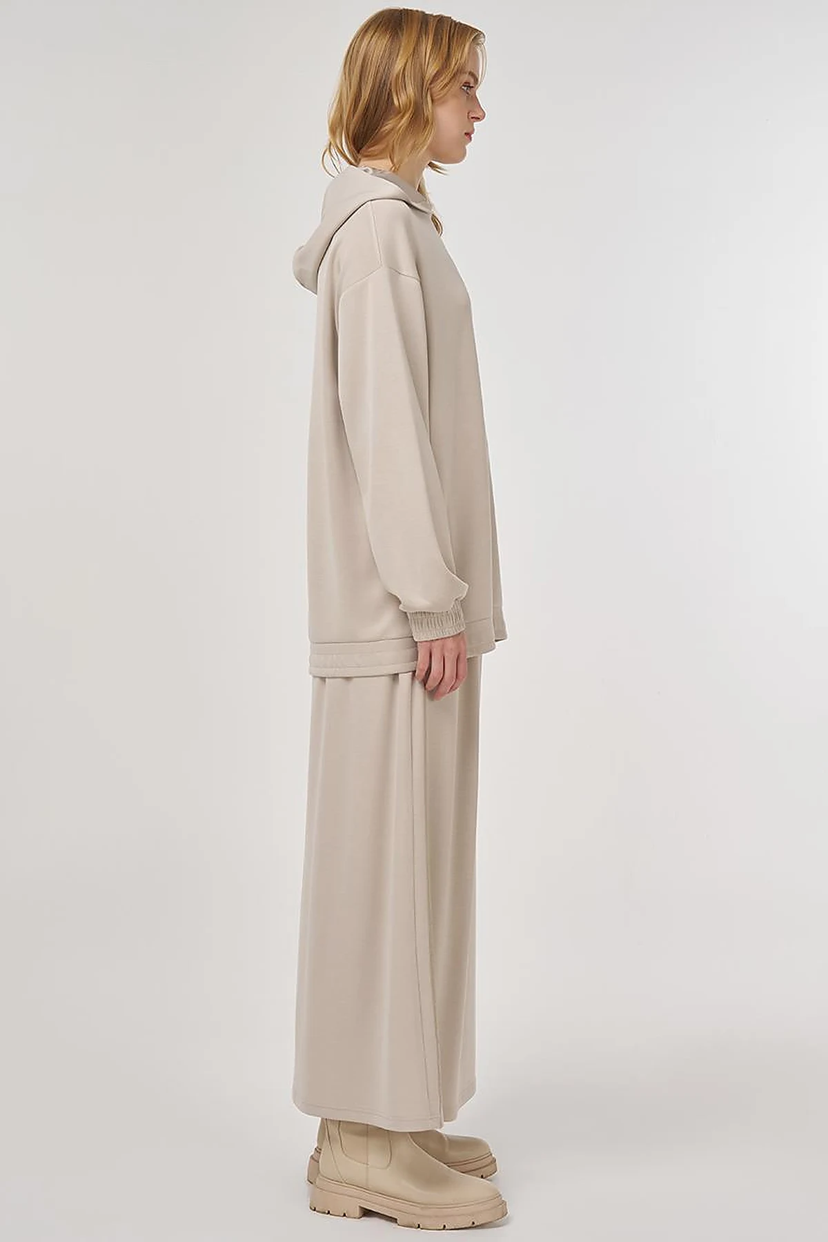Hooded Skirted Two-Piece Suit in Beige