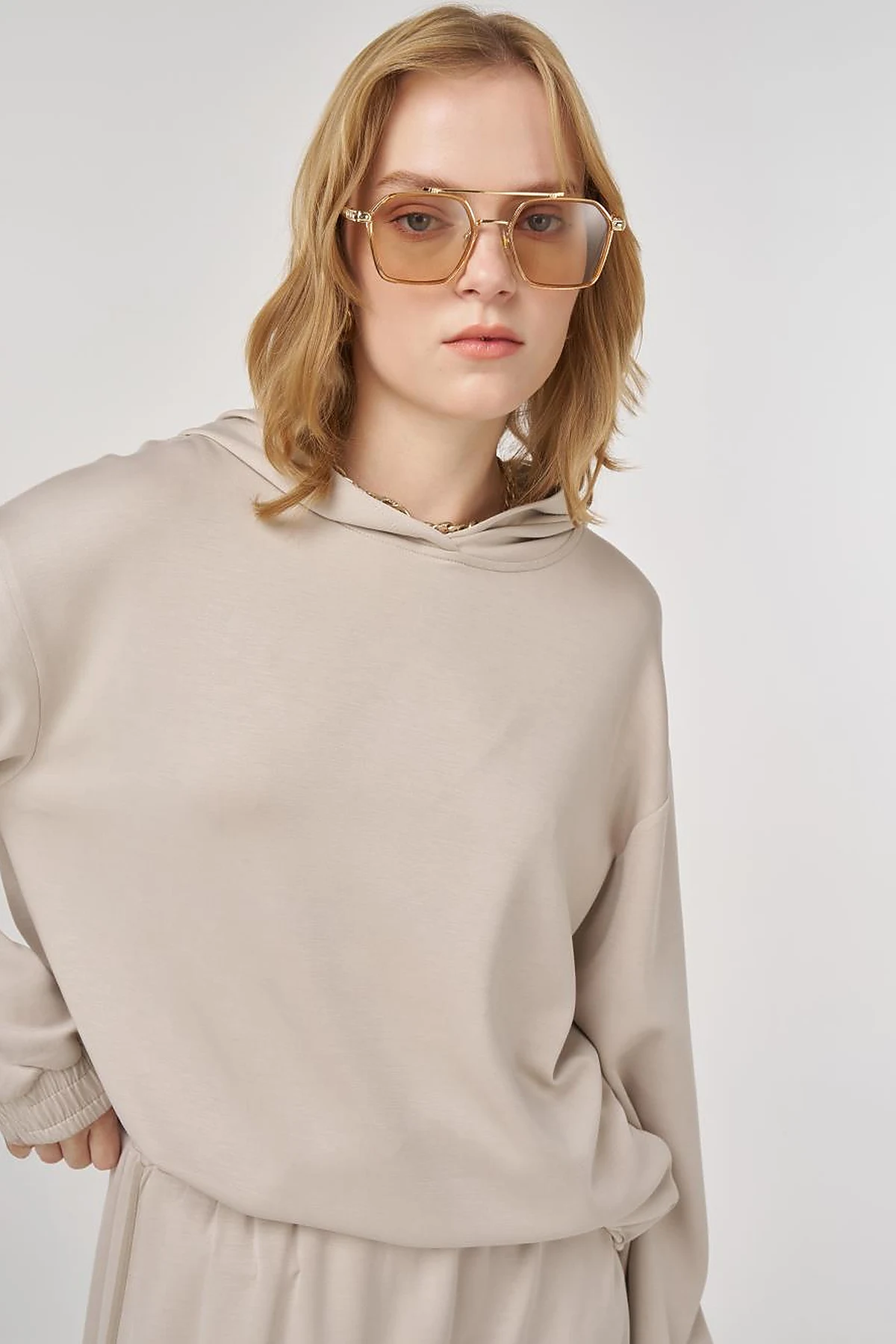 Hooded Skirted Two-Piece Suit in Beige