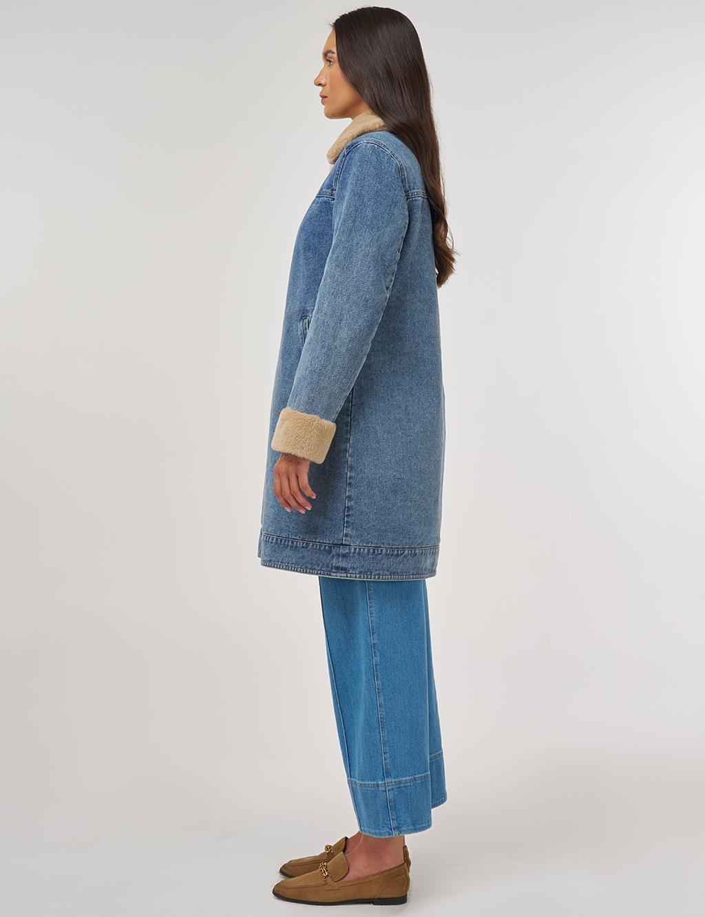 Faux Fur Collar Denim Jacket Blue