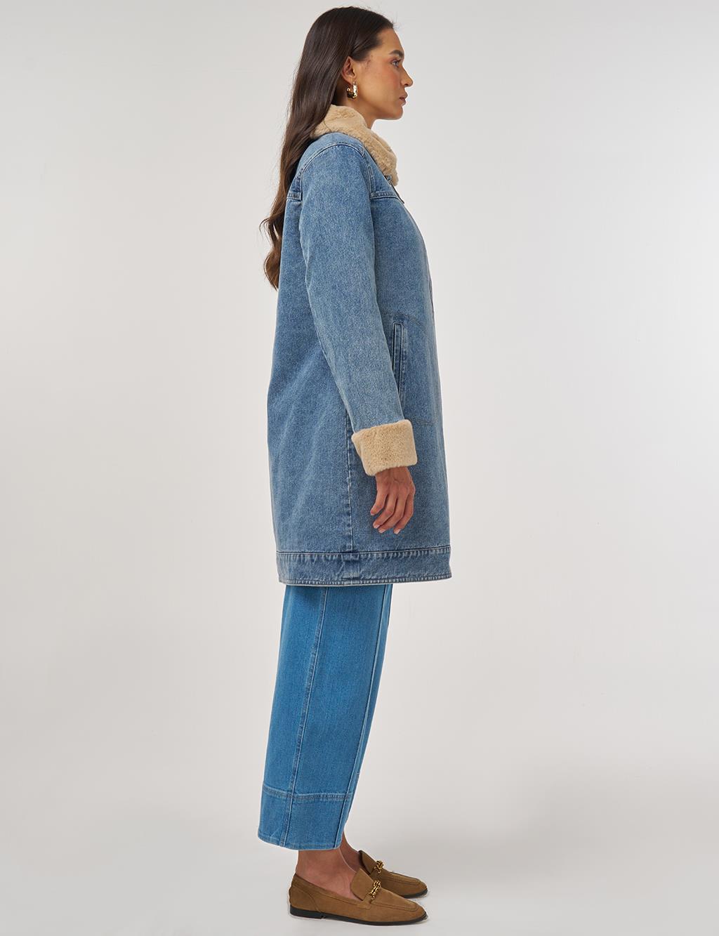 Faux Fur Collar Denim Jacket Blue