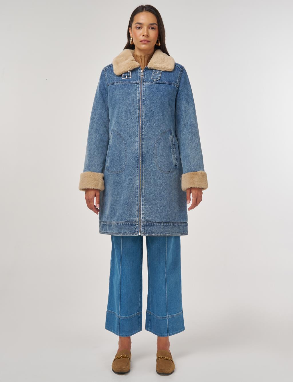 Faux Fur Collar Denim Jacket Blue