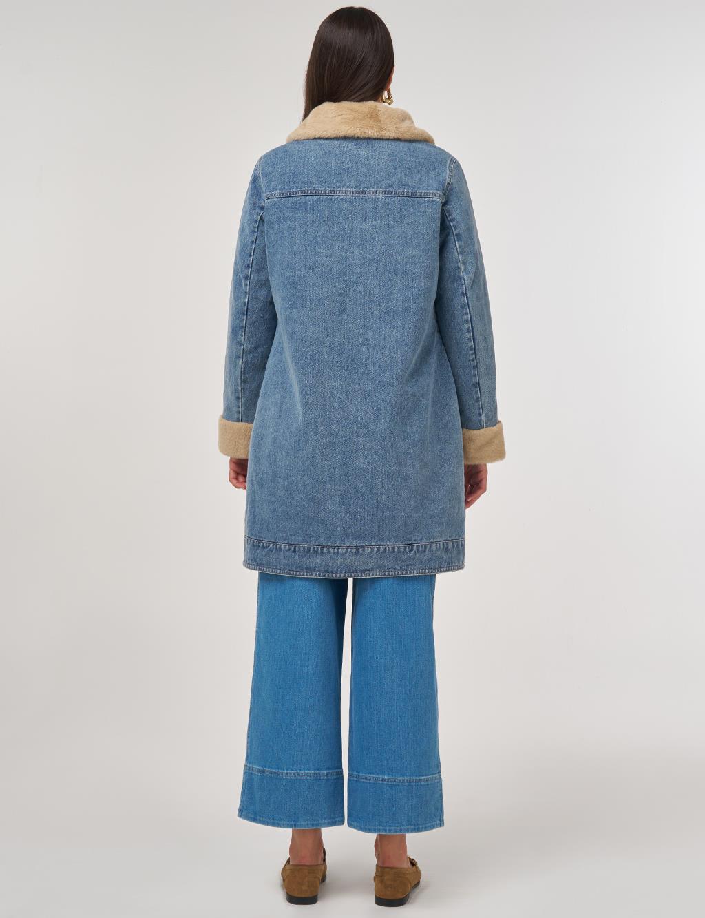 Faux Fur Collar Denim Jacket Blue