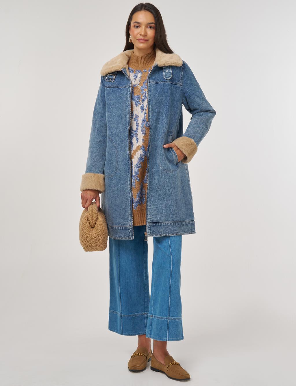 Faux Fur Collar Denim Jacket Blue