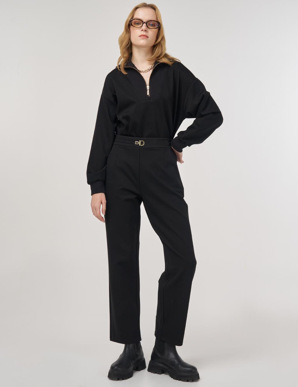 Metal-Buckled Straight-Leg Pants Black