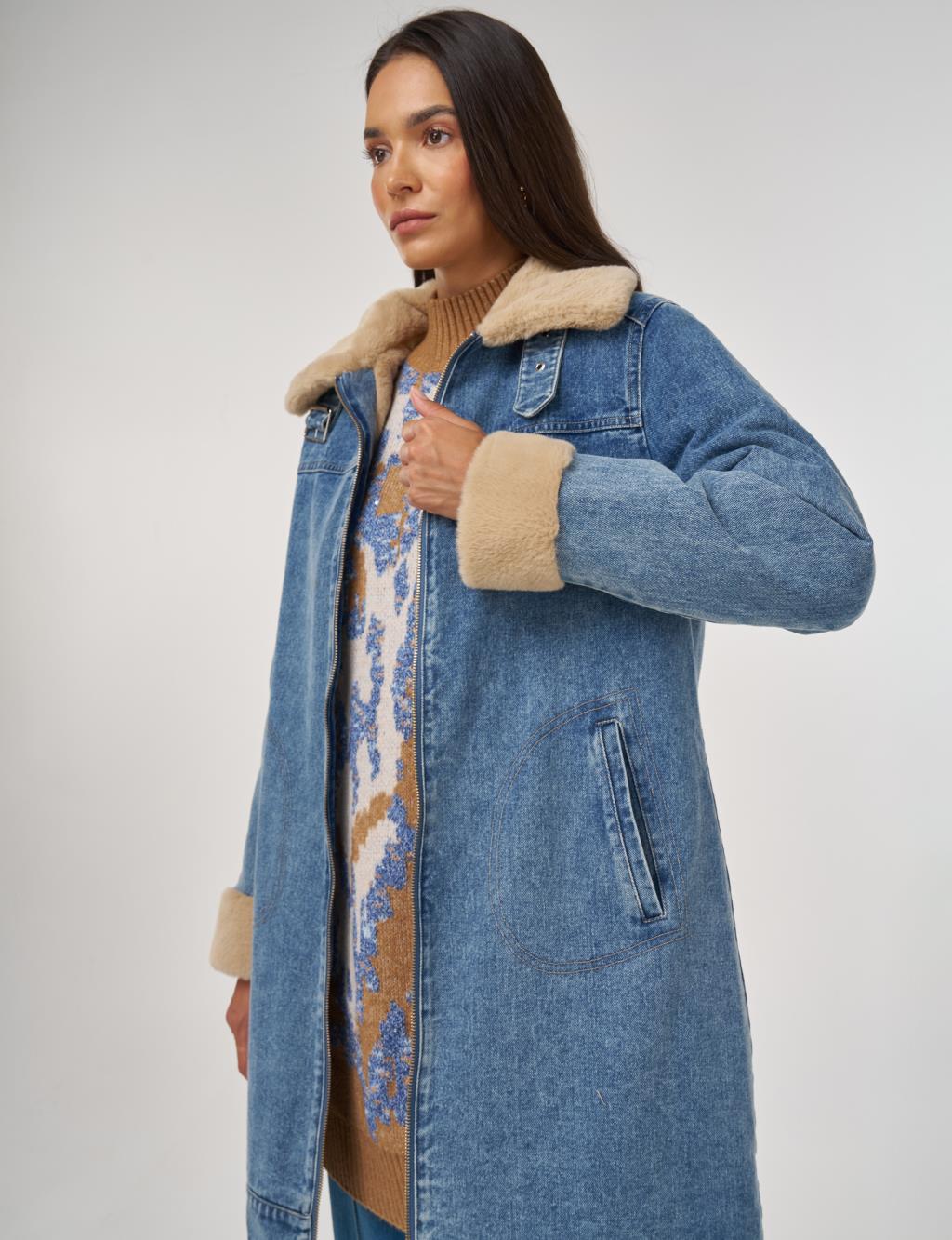 Faux Fur Collar Denim Jacket Blue