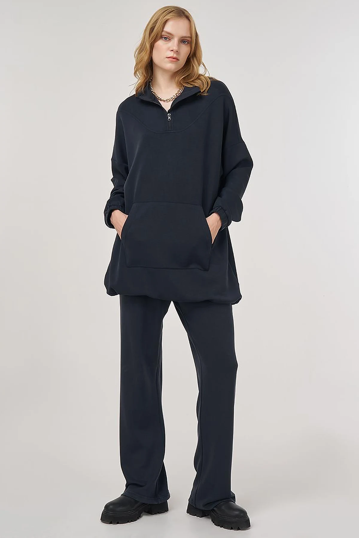 Kangaroo Pocket Two-Piece Suit in Black