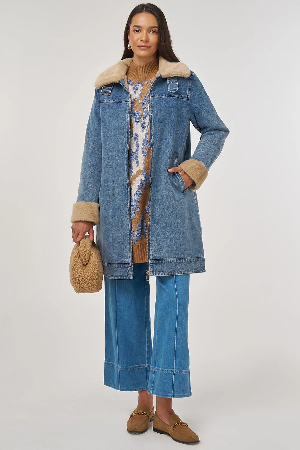 Faux Fur Collar Denim Jacket Blue
