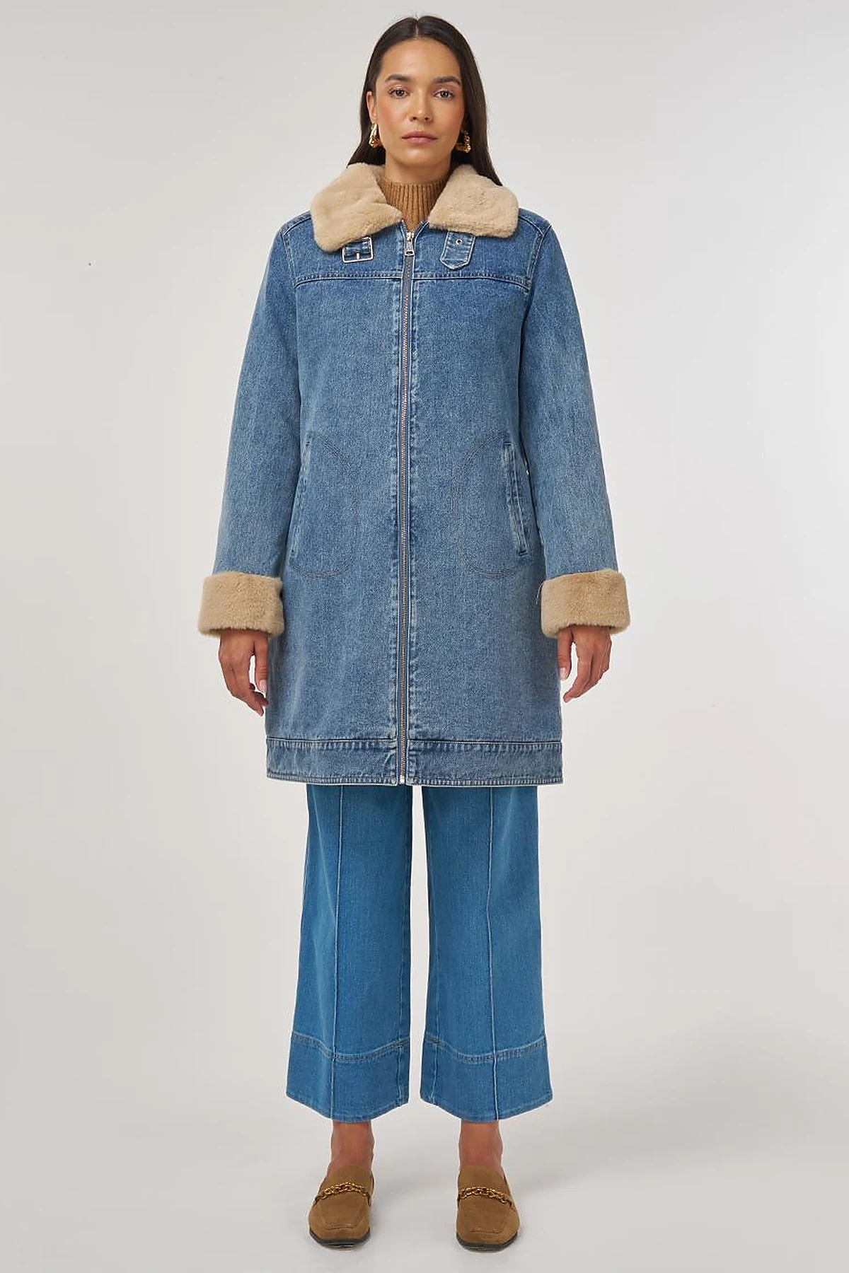 Faux Fur Collar Denim Jacket Blue