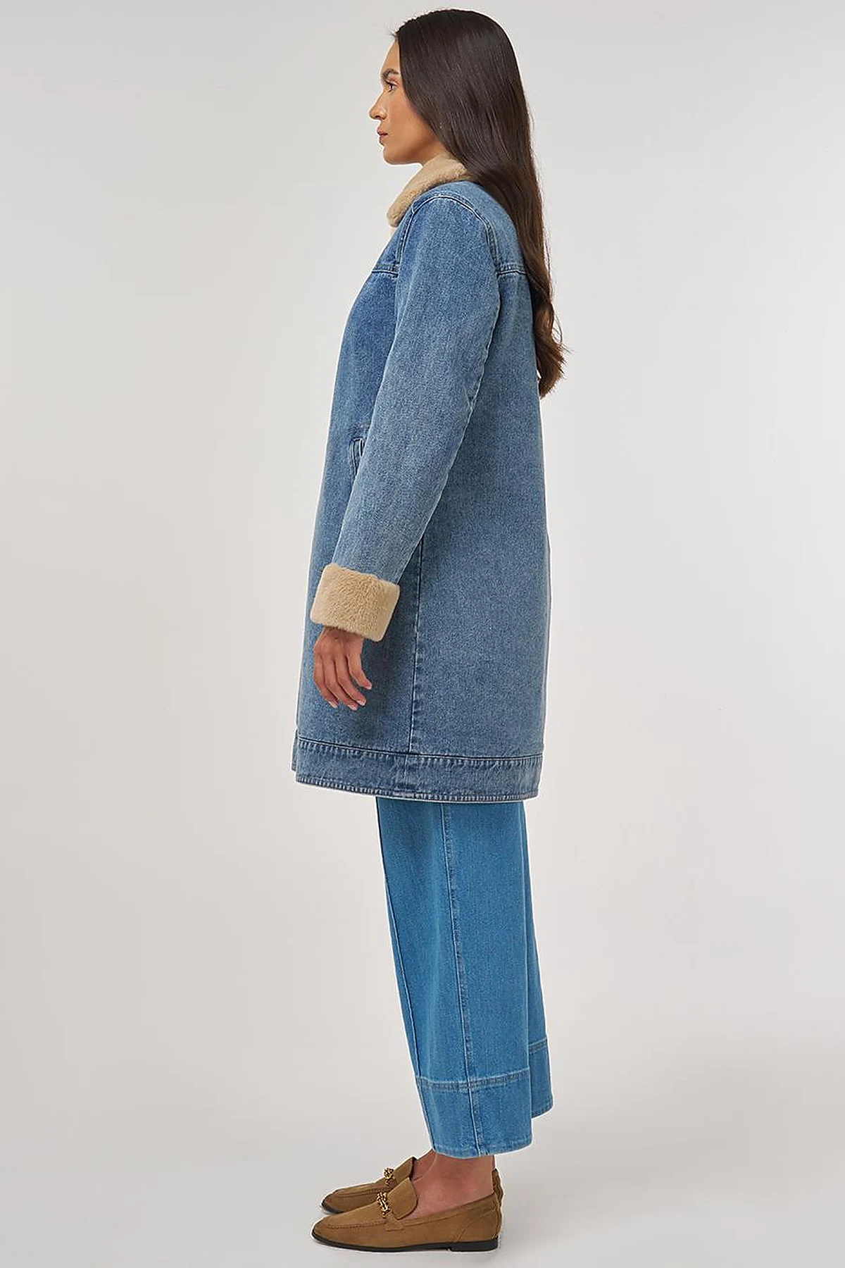 Faux Fur Collar Denim Jacket Blue