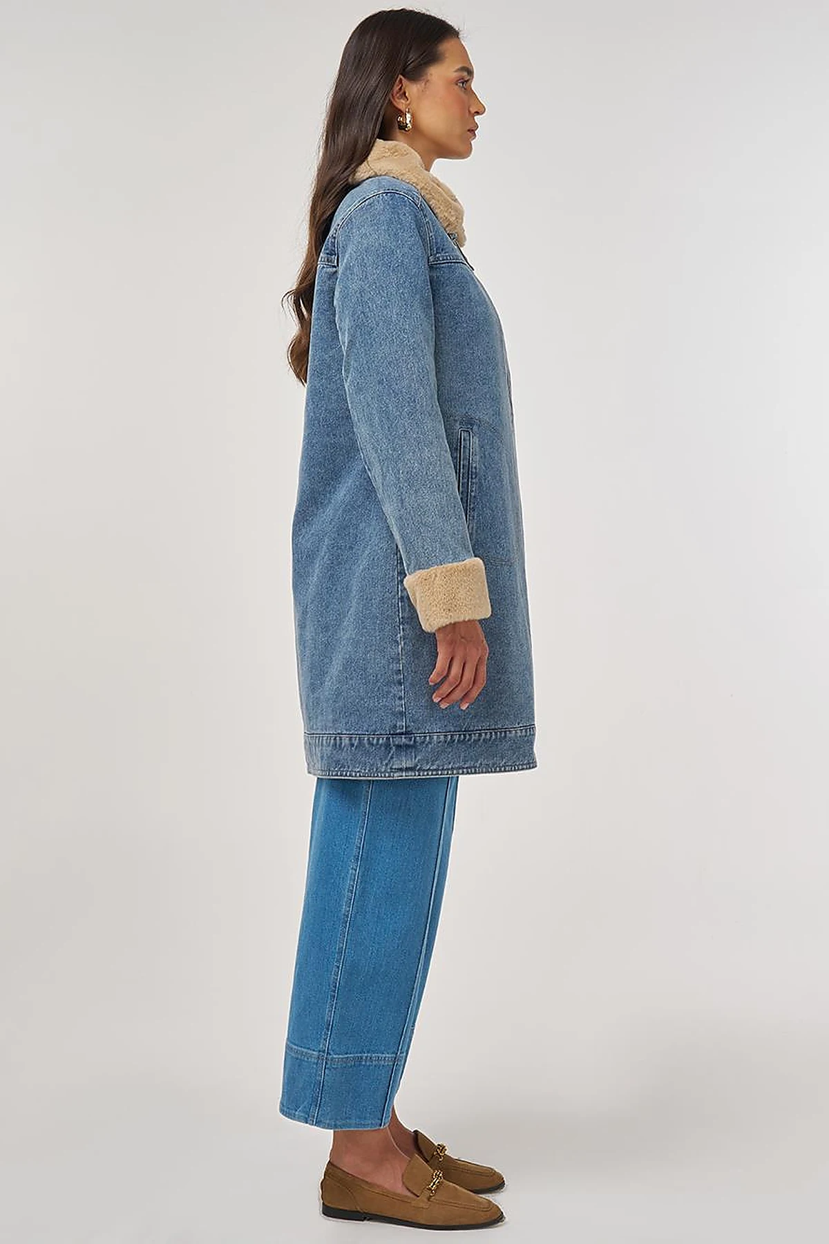 Faux Fur Collar Denim Jacket Blue