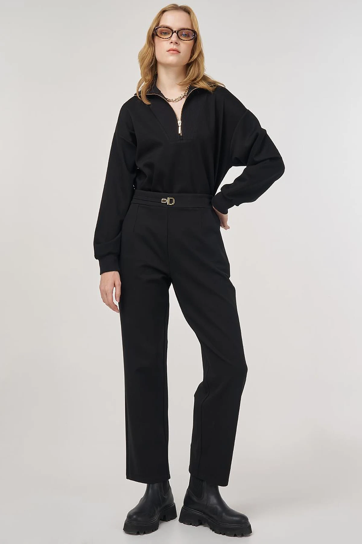 Metal-Buckled Straight-Leg Pants Black