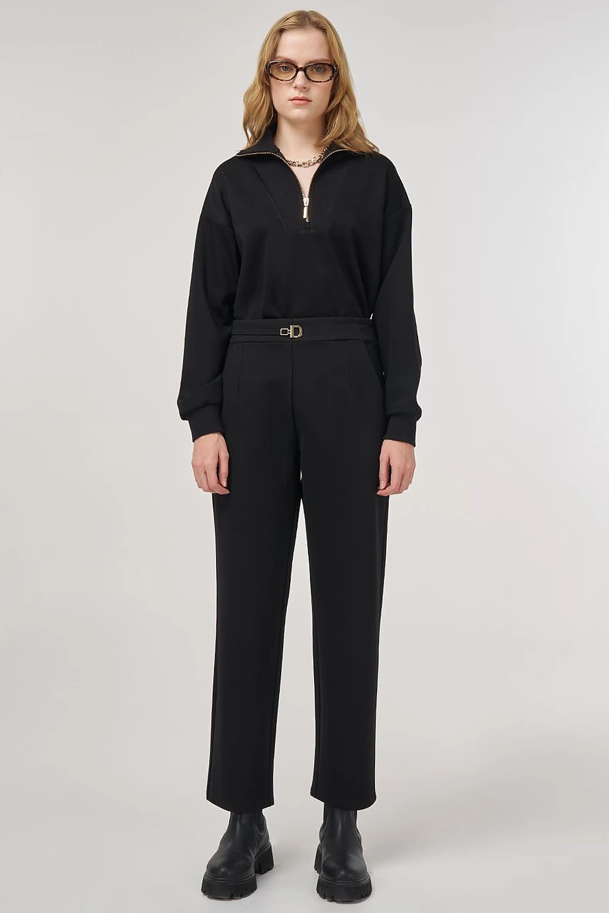 Metal-Buckled Straight-Leg Pants Black